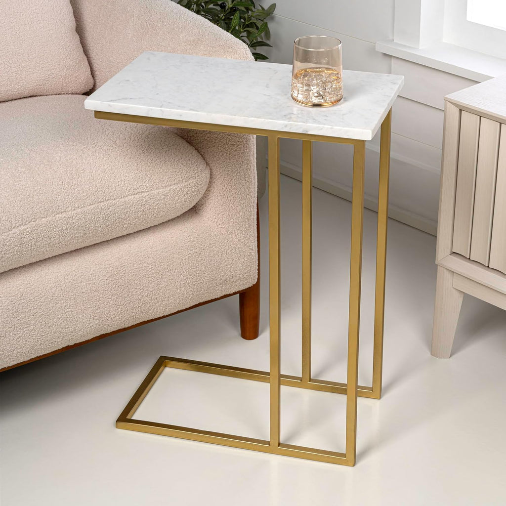 JONATHAN Y END4005B Caius 24.25' Designer Industrial Metal C-Shaped End Table and Side Couch Table with White Marble Top for Living Room, Bedroom, Office, Bathroom, Gold