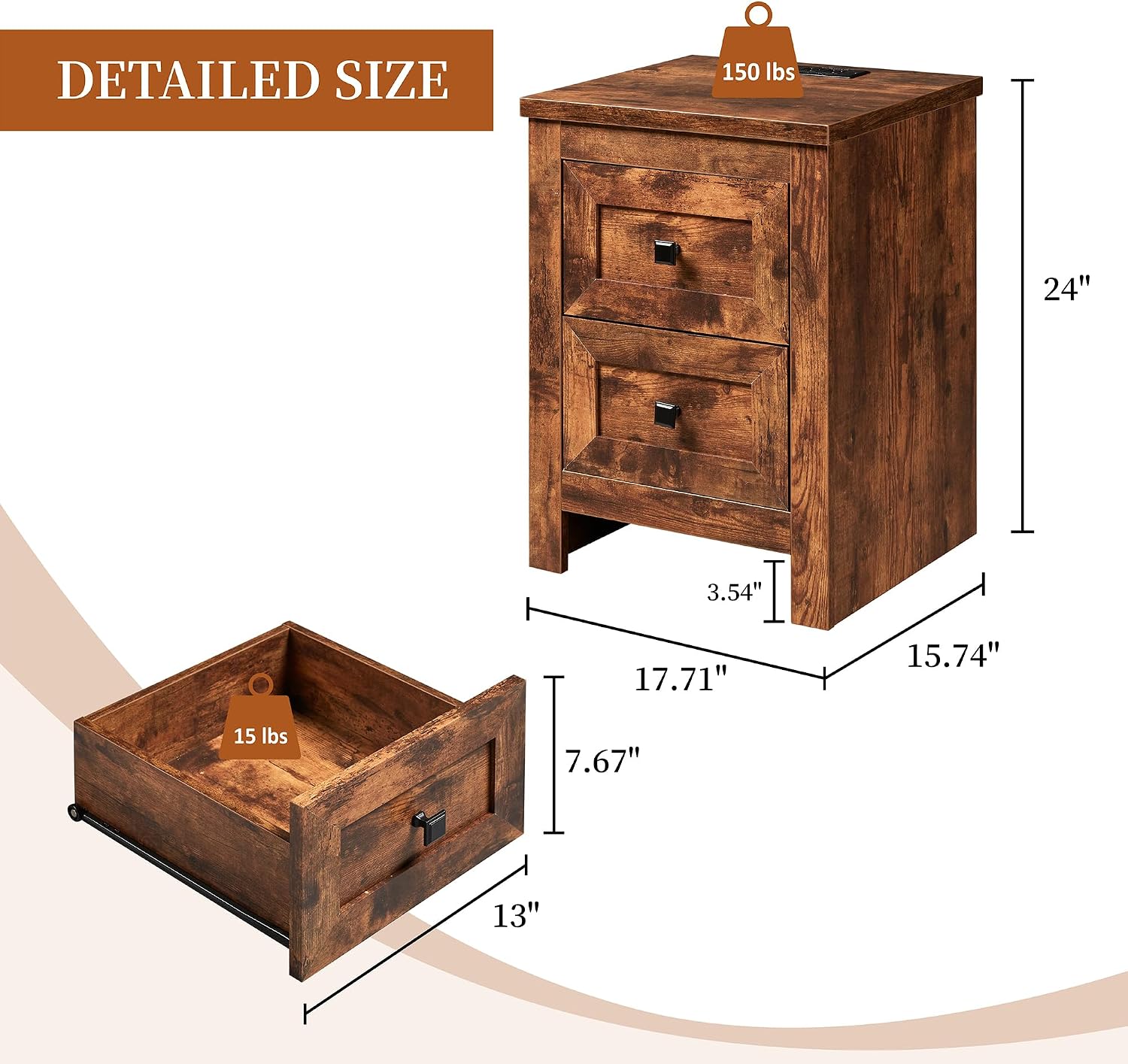 AMERLIFE Nightstand Set of 2 with Charging Station, Rustic Bedside Table with Drawers Storage, Farmhouse Wood Night Stand for Bedroom, Rustic Brown