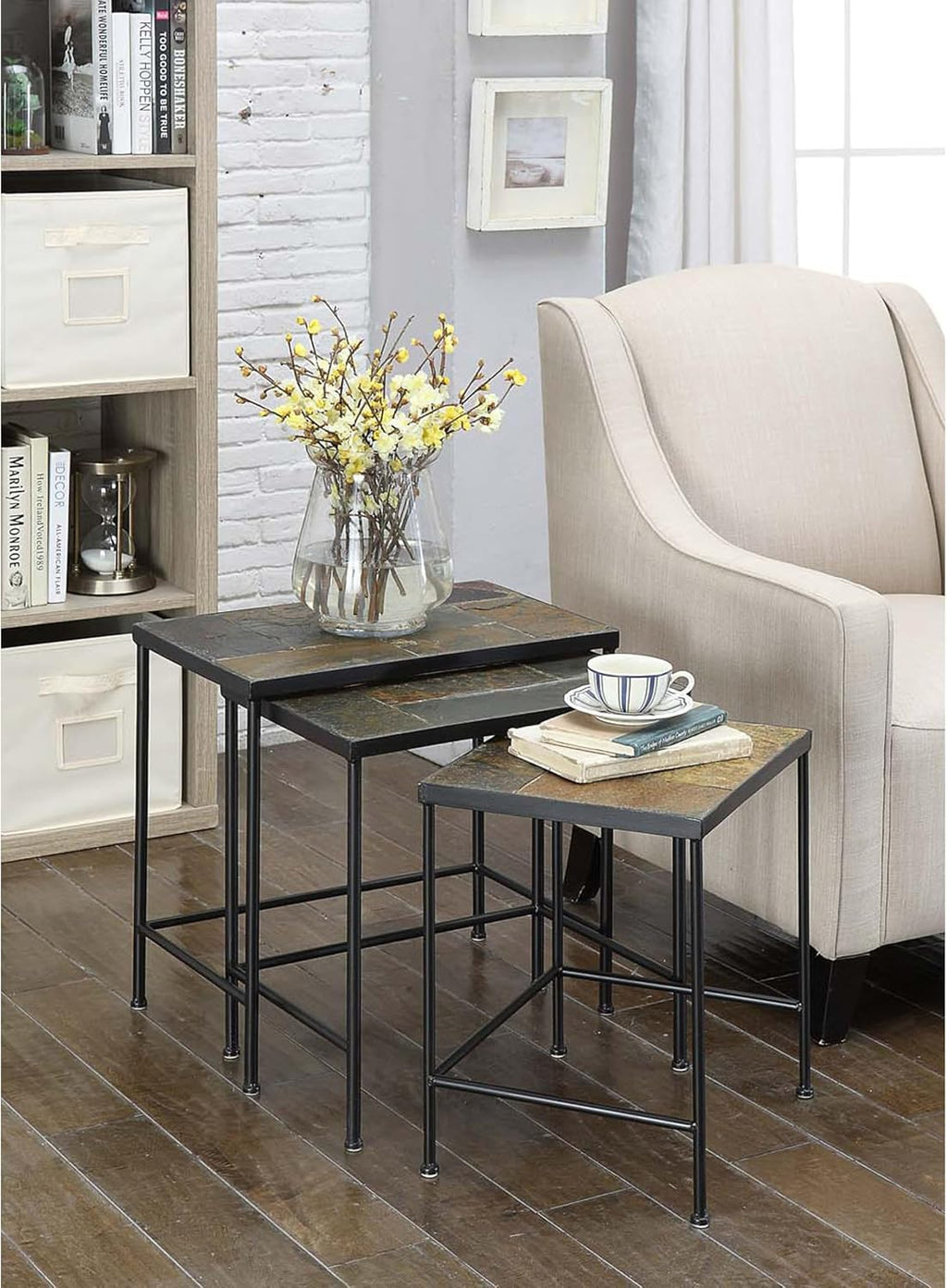 Zhongma Nesting Tables Set of 3, End Tables with Slate Table Top, Solid Real Stone, Side Table, Accent Table
