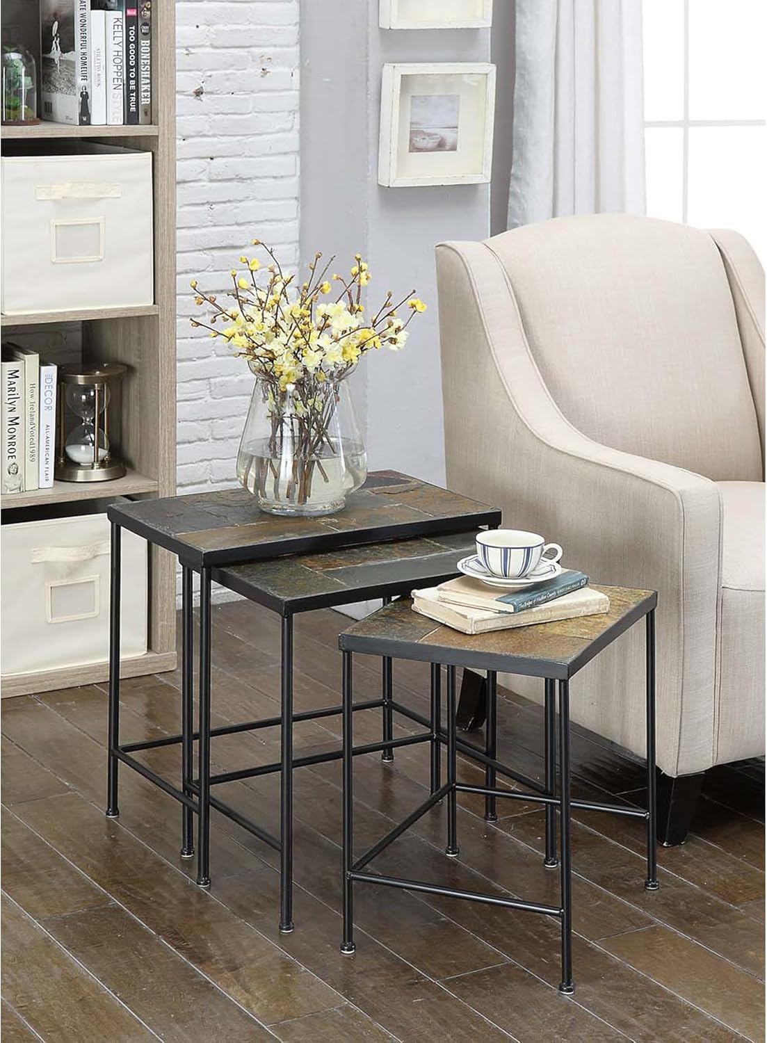Zhongma Nesting Tables Set of 3, End Tables with Slate Table Top, Solid Real Stone, Side Table, Accent Table