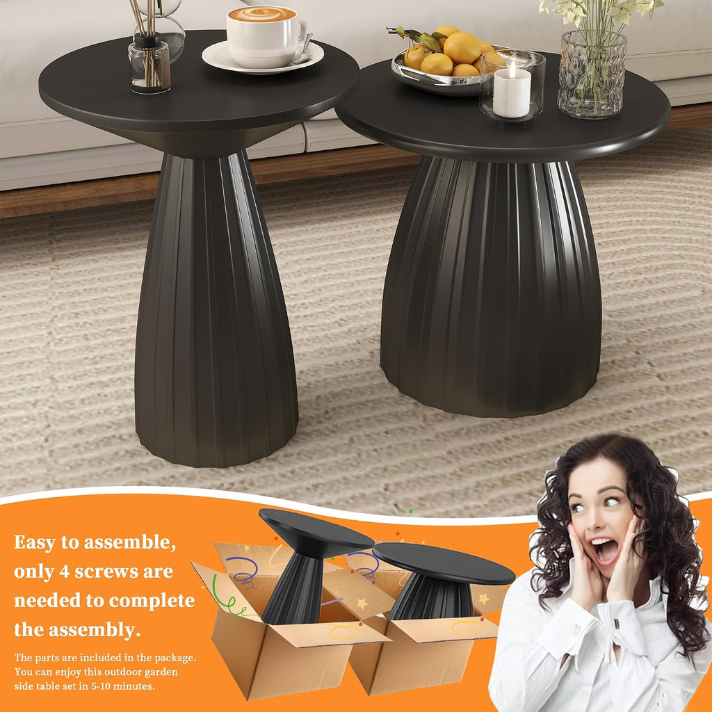 Black Round Side Table Set of 2 for Sofa, Metal Small Circle Couch End Table, Modern Round Nightstand, Mid Century Bedroom Night Stand, for Living Room, Skinny, 15.5 Inches
