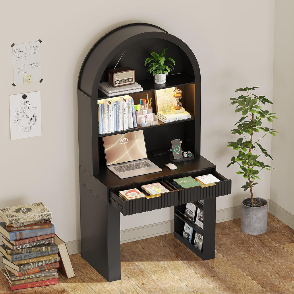 Arched Writing Desk with Hutch, Home Office Desk with 2 Drawers, Secretary Desk with Outlets, 3 Color LED Lights, Open Shelves, Computer Desk for Small Space, Bedroom 35.4' W x 70.8' H (Black)