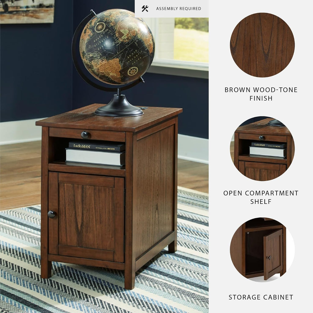 Signature Design by Ashley Treytown Casual Compact Chairside End Table with a Storage Cabinet, Open Cubby Shelf, Pull-Out Tray & USB Charging Ports, Brown