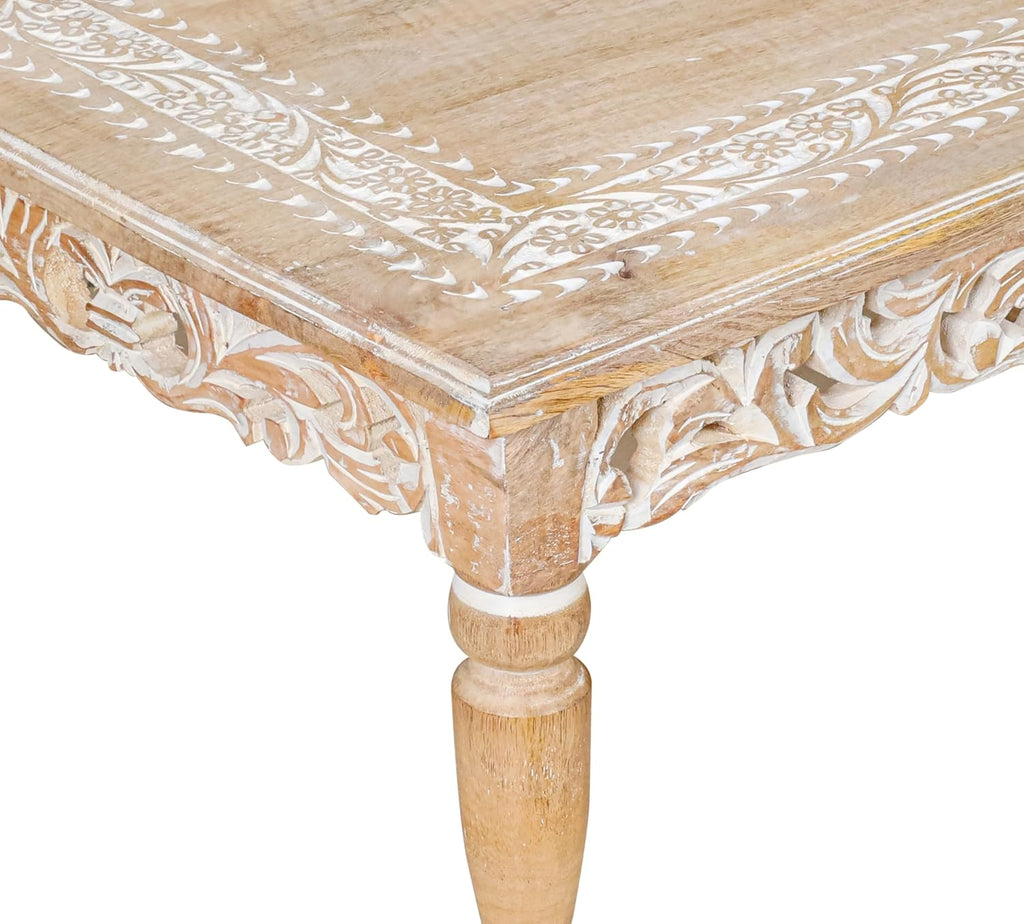 Rectangular Wooden Coffee Table 36x24x18 Inch – Beige Finish with Cutwork Jali Carving, Rustic Farmhouse Style, Mid-Century Modern Living Room Furniture