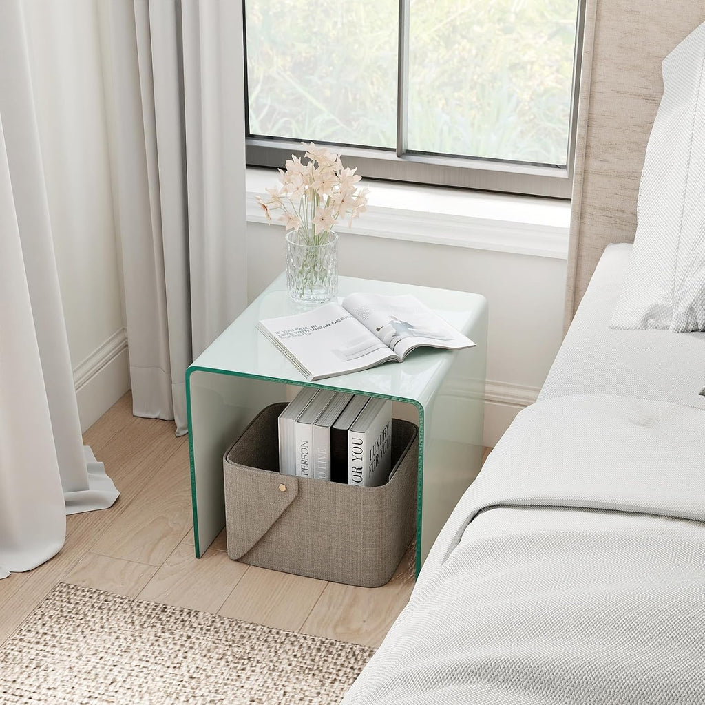 Tangkula Tempered Glass Side Table, Modern C-Shaped Bedside Table Nightstand with Storage Shelf, 4 Lockable Universal Wheels, Rolling Sofa End Table for Living Room Bedroom Office (2, White)