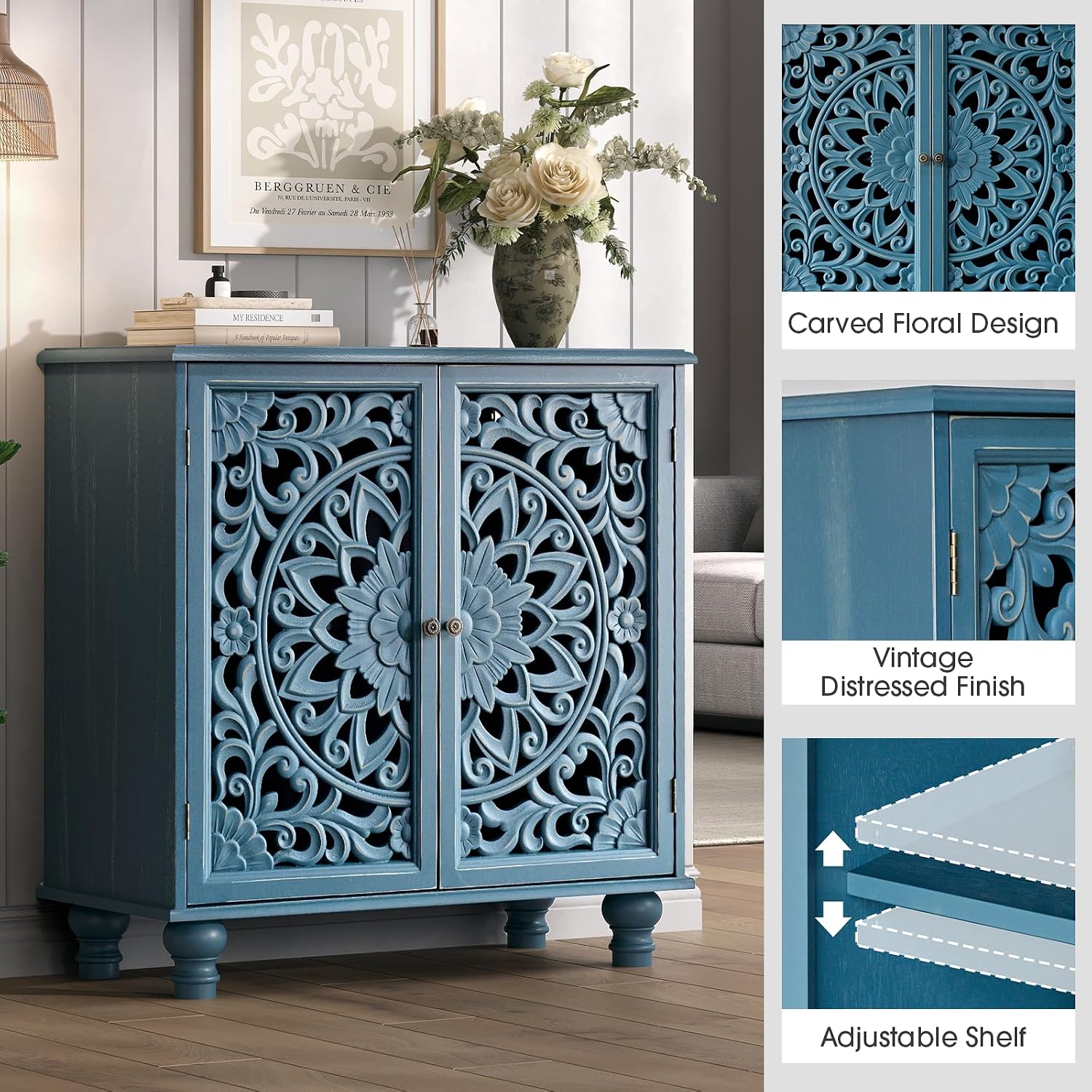 JOINICE Blue Accent Cabinet with Carved Doors, 31' Storage Cabinet for Entryway & Living Room, Vintage Sideboard Buffet Table with Adjustable Shelf, Solid Wood Legs, Boho Home Decor