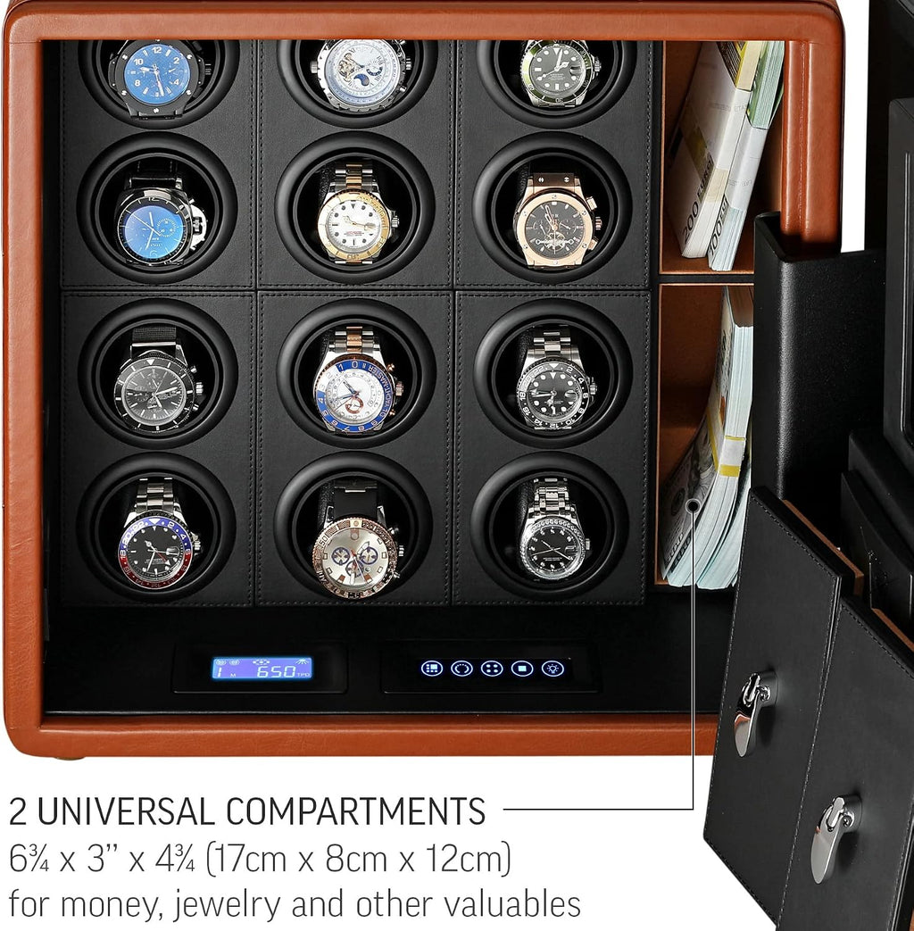 12 Watch Winder with Fingerprint Lock, Interior Light, Alarm System and 2 Storage Compartments
