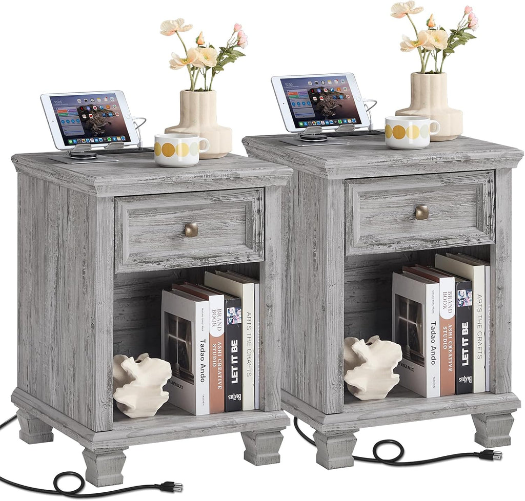 SAVOR LIFE Farmhouse Night Stand Set of 2, Rustic Wood Nightstand with 1 Drawer, Bedside Table with Open Shelf for Bed Room, End Table for Living Room, Grey