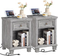 SAVOR LIFE Farmhouse Night Stand Set of 2, Rustic Wood Nightstand with 1 Drawer, Bedside Table with Open Shelf for Bed Room, End Table for Living Room, Grey