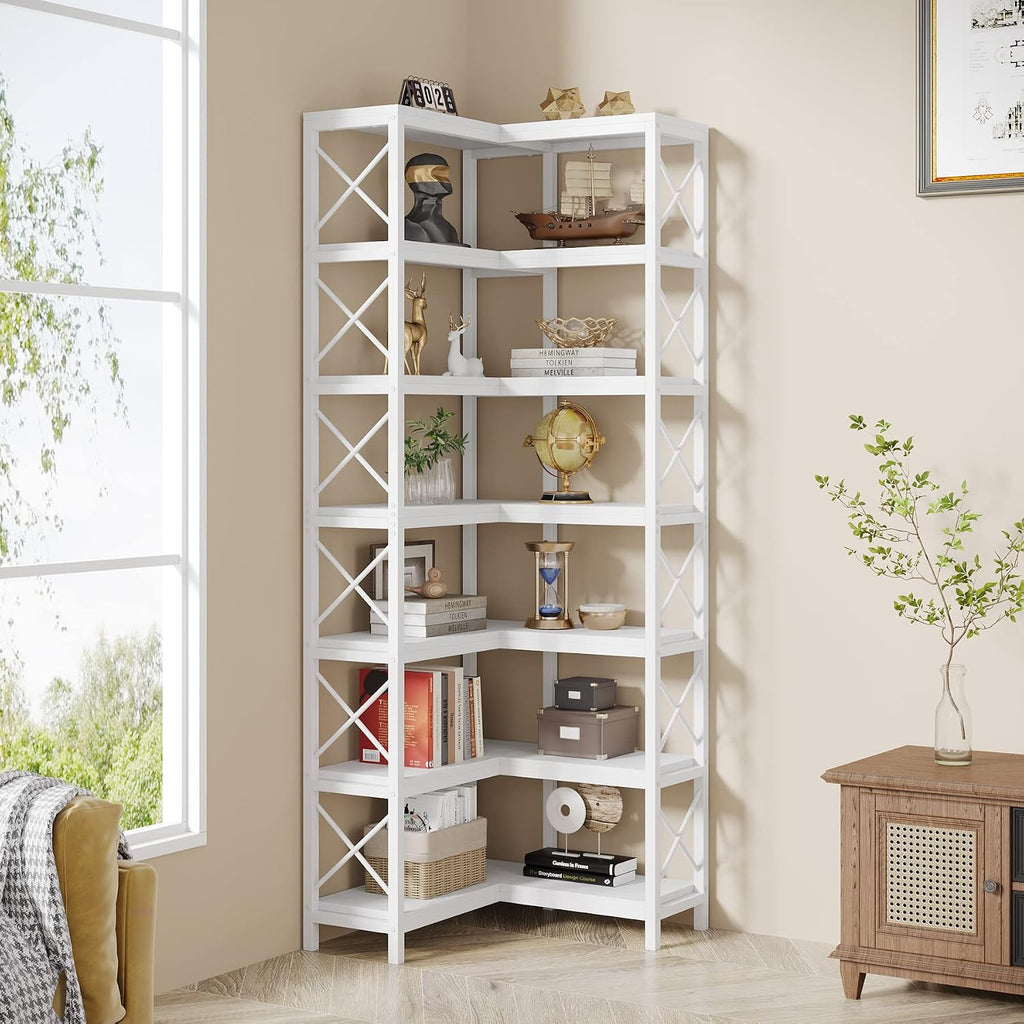 Tribesigns 7-Tier Corner Bookcase, Industrial Large Corner Bookshelf, 7-Shelf Tall Corner Shelf Storage Display Rack with Metal Frame for Living Room Home Office, White