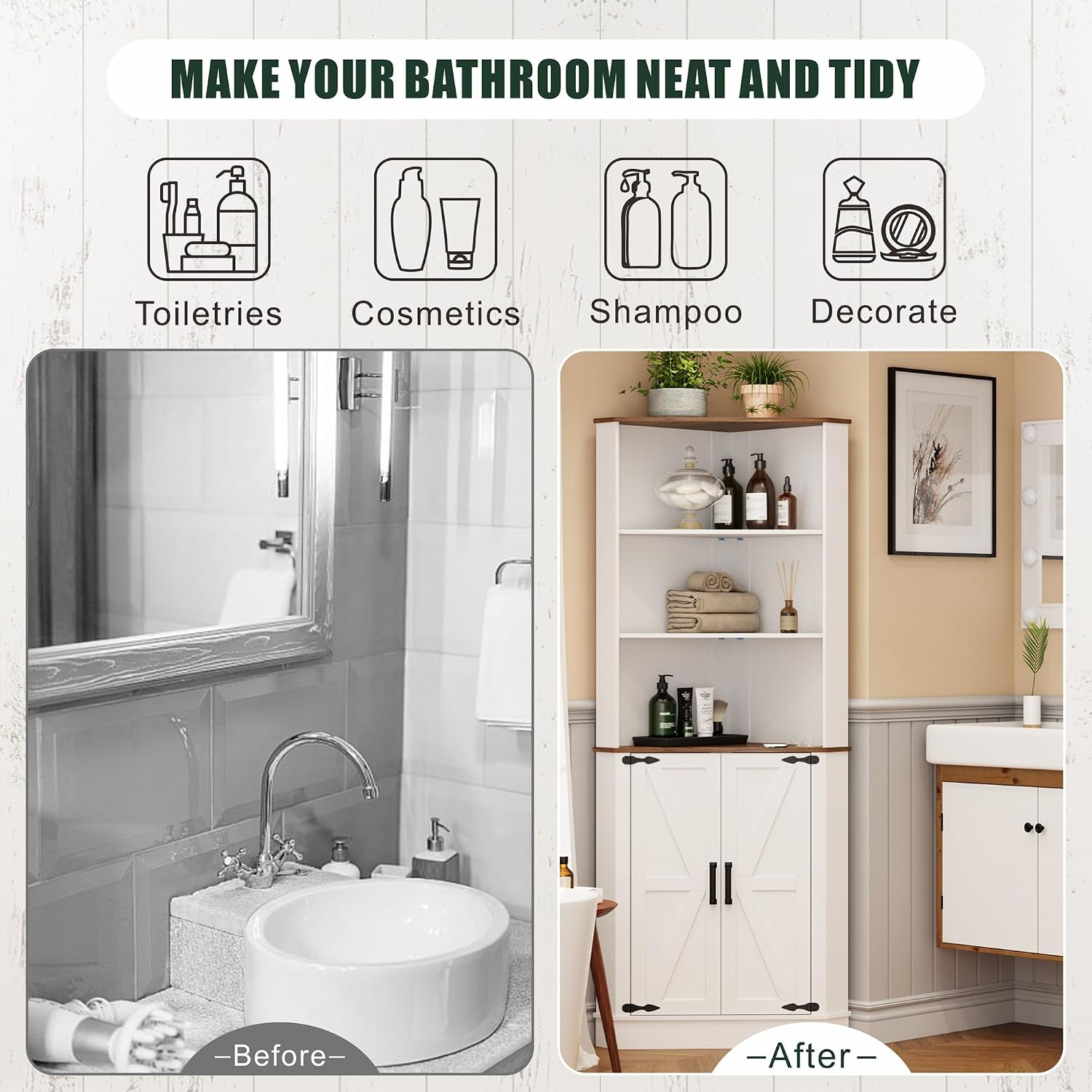 FREDEES Tall Corner Cabinet with LED Light, Farmhouse Bathroom Cabinet with 2 Doors and 3 Tier Shelves, Free Standing Corner Storage Cabinet for Laundry Room, Living Room or Kitchen, Antique White