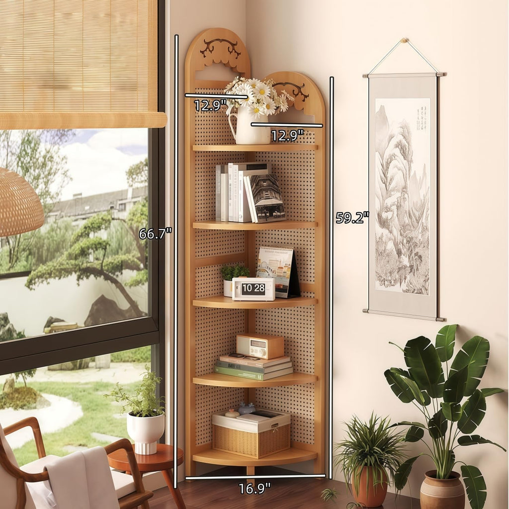 Carved Corner Shelf Multi-Layer Large-Capacity Corner Rack & Plant Stand for Living Room Study Bedroom Dining Balcony (Burlywood,12.9' L*12.9' W*66.7' H)