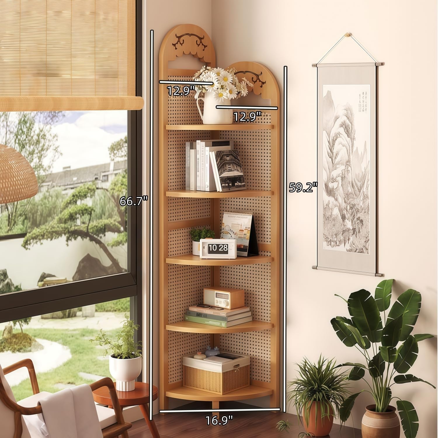 Carved Corner Shelf Multi-Layer Large-Capacity Corner Rack & Plant Stand for Living Room Study Bedroom Dining Balcony (Burlywood,12.9' L*12.9' W*66.7' H)