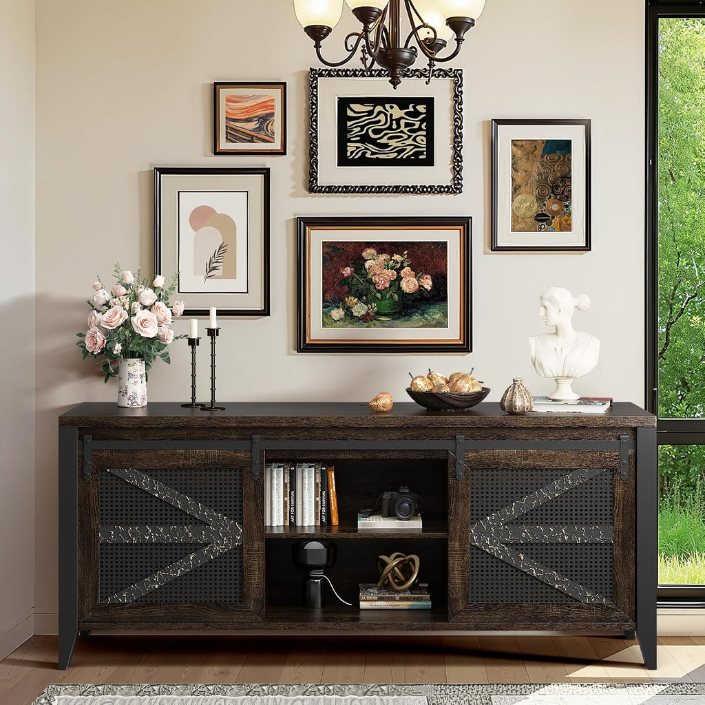 VFK 60 Inch TV Stand for TVs up to 65', Rustic Farmhouse Media Console with Sliding Barn Doors, 6 Drawers, Entertainment Center for Living Room