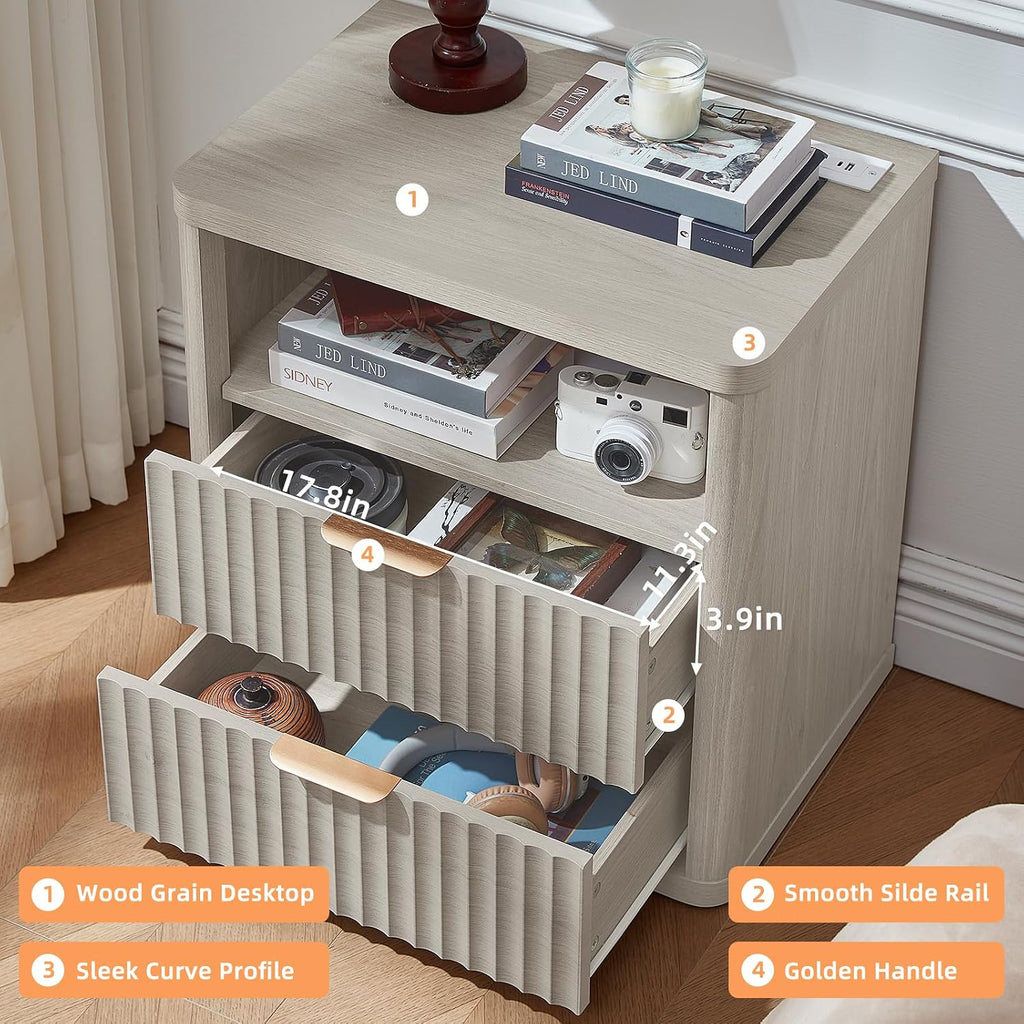 LEYAOYAO Fluted Farmhouse Nightstand Set of 2 with Charging Station, 23' Wide 2 Drawers Night Stand,LightGrey Dresser for Bedroom,Bed Side Table Chest of Drawers,Wood End Table for Living Room