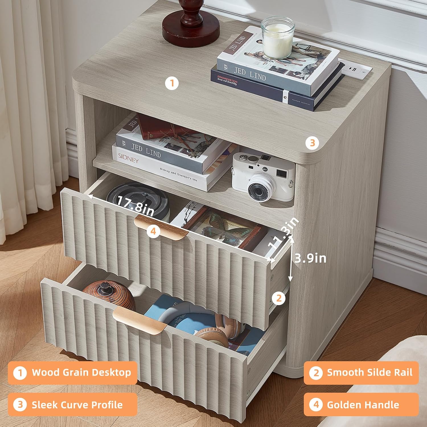 LEYAOYAO Fluted Farmhouse Nightstand Set of 2 with Charging Station, 23' Wide 2 Drawers Night Stand,LightGrey Dresser for Bedroom,Bed Side Table Chest of Drawers,Wood End Table for Living Room