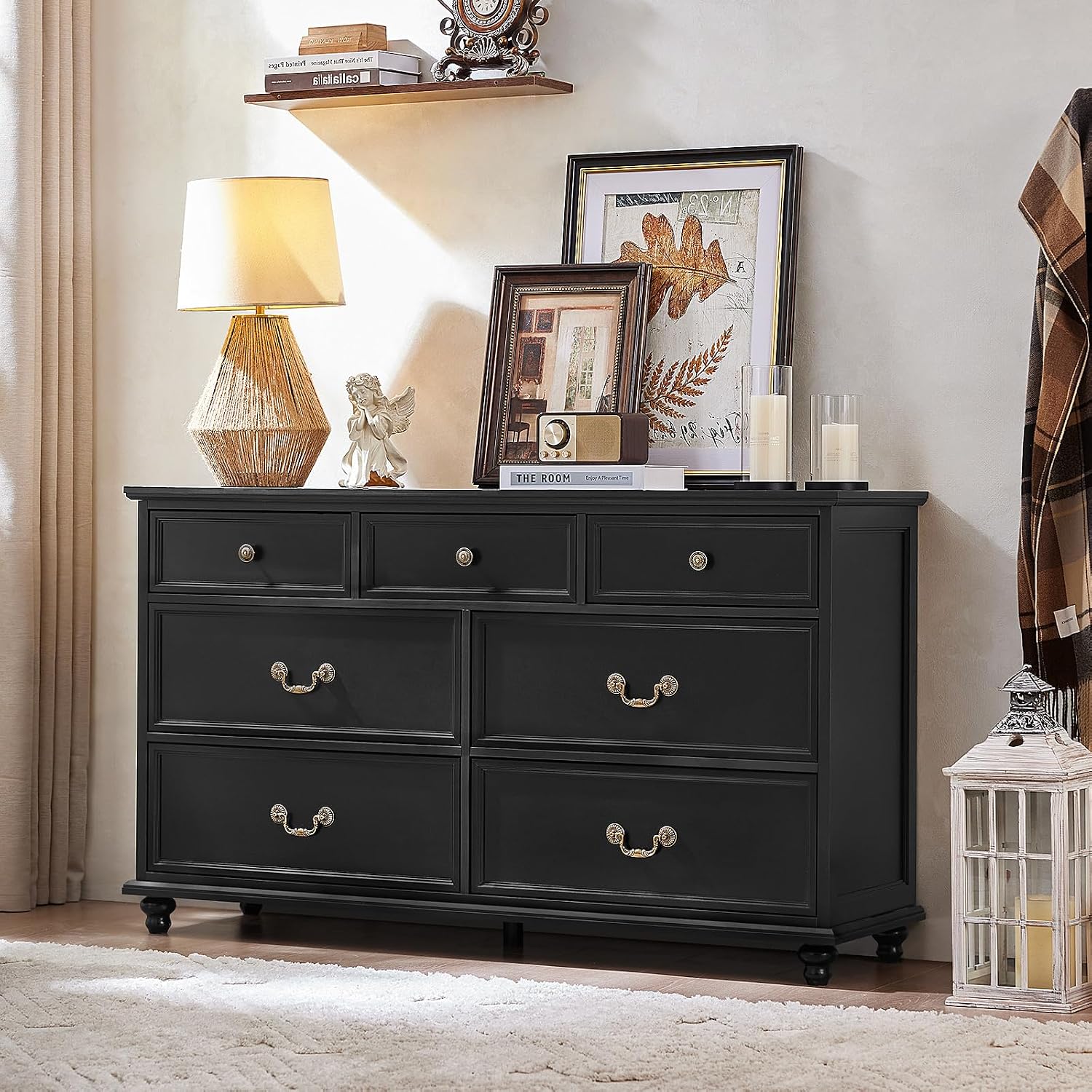 Joaxswe Farmhouse 54' 7 Drawers Dresser for Bedroom, Wide Chest of Drawers w/ 4 Wooden Legs, Vintage Large Closet Storage Dressers Organizer for Hallway, Wood Rustic TV Stand for Living Room, Black