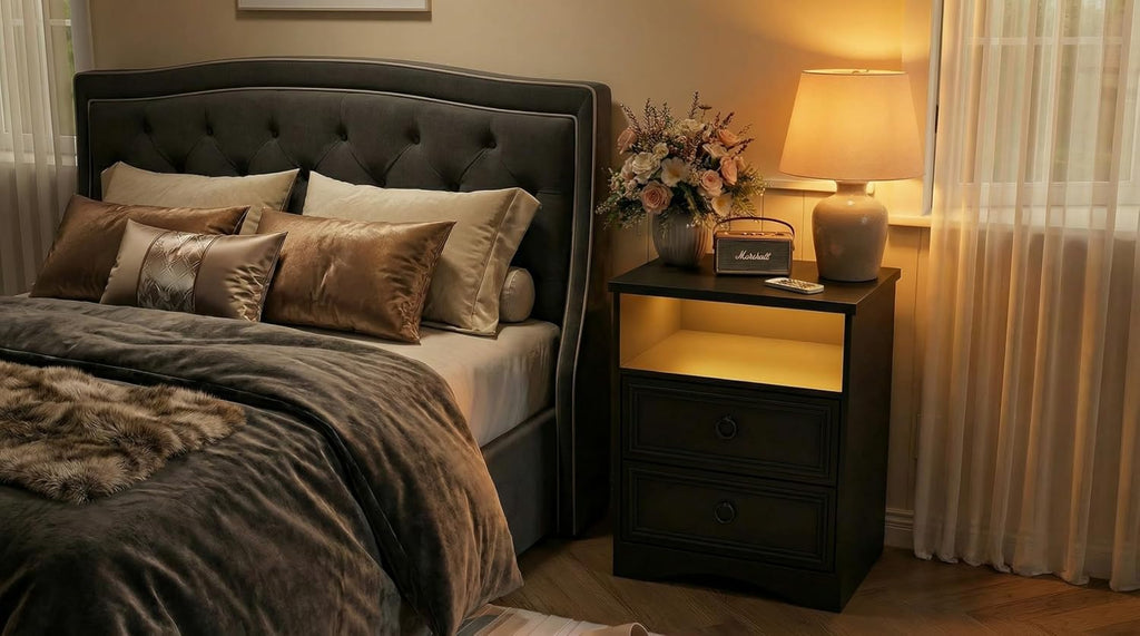 Large Nightstand Set of 2 with Drawers,17.7'W Accent Night Stand with Charger Station LED Lights, Bed Side Table with 2 Drawers, End Table with Easy Open Storage for Bedroom, Living Room,Black
