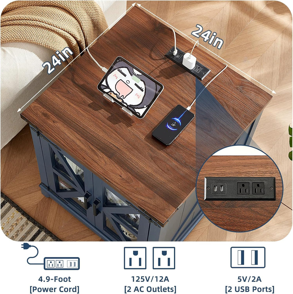 Joaxswe End Table Set 3 with Charger Station, Farmhouse 18'' Narrow Night Stand and 24' Square Side Table with Glass Barn Door Storage, Wood Nightstand Bedside Tables for Living Room Bedroom