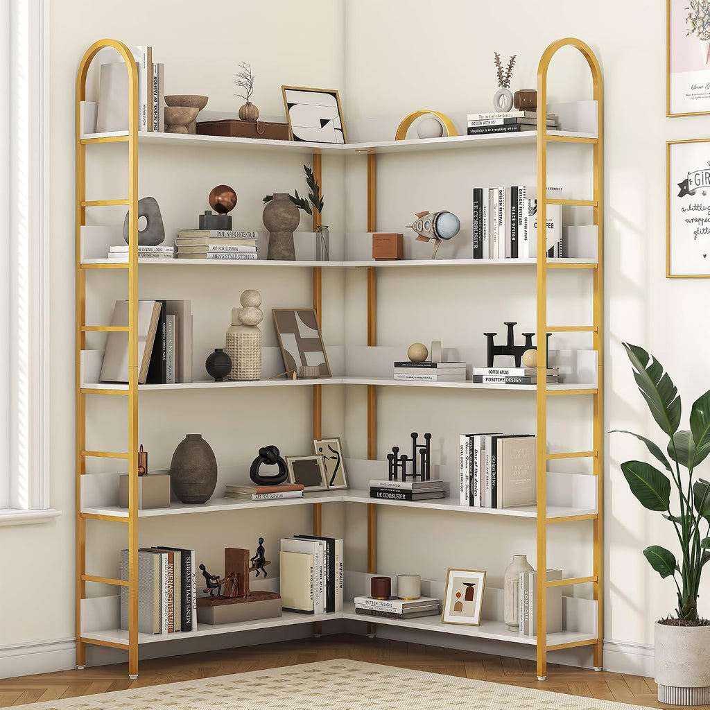 Nosepen Corner Bookshelf, 5 Tiers Tall Open Corner Etagere Bookcase Storage Organize, L-Shaped Large Corner Bookshelves, Corner Shelf Storage Display Rack with Metal Frame for Living Room Home Office