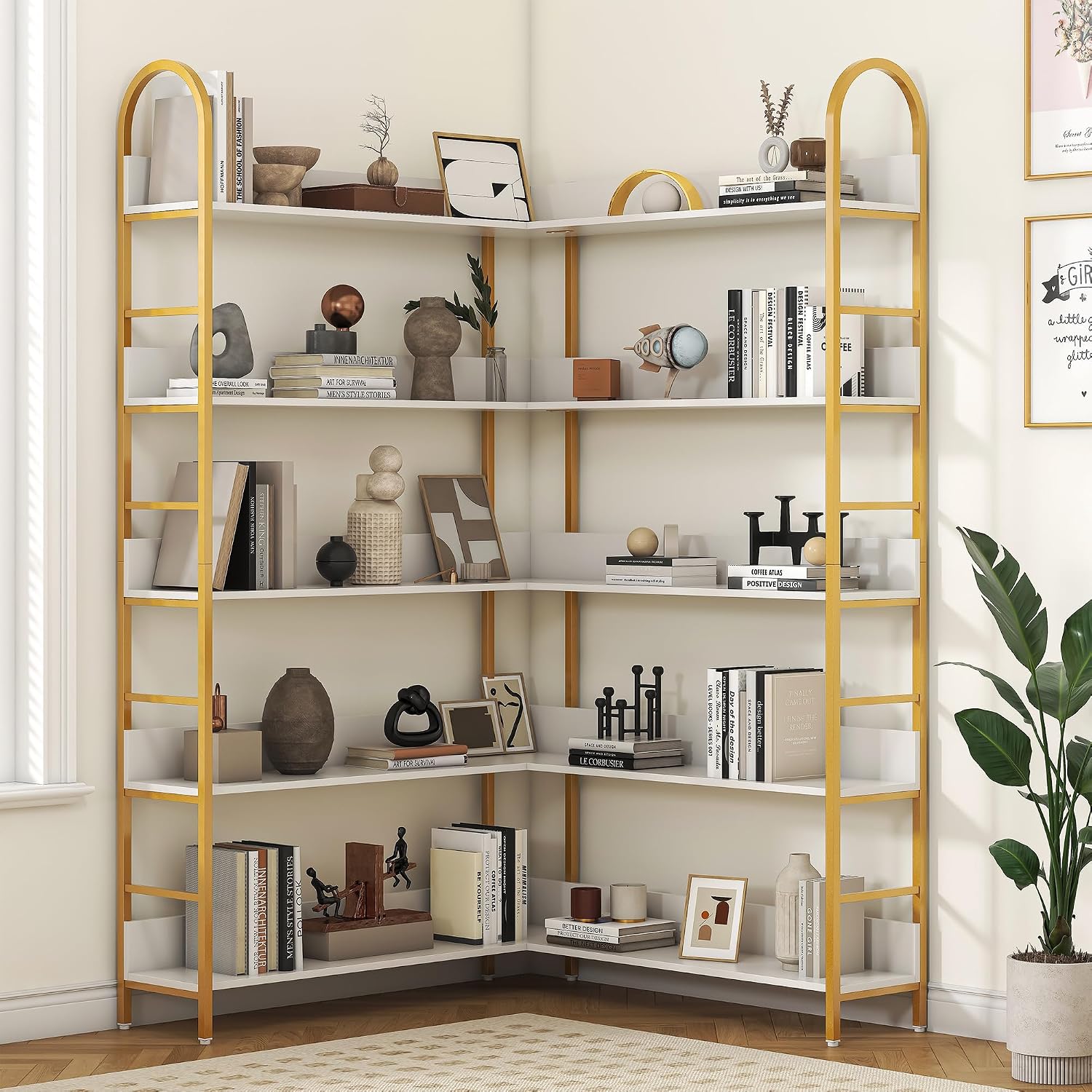 Nosepen Corner Bookshelf, 5 Tiers Tall Open Corner Etagere Bookcase Storage Organize, L-Shaped Large Corner Bookshelves, Corner Shelf Storage Display Rack with Metal Frame for Living Room Home Office