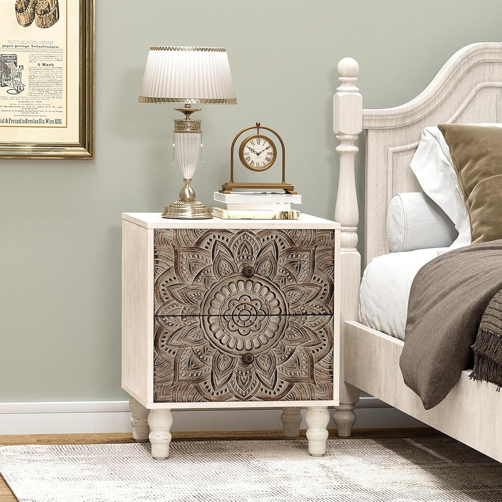 COSIEST Vintage Nightstand Set of 2, 18' Wide Wood Small Bed Side Table with 2 Drawers, Accent Bedside Table, Bedroom Furniture for Home, Office (Lotus Pattern)