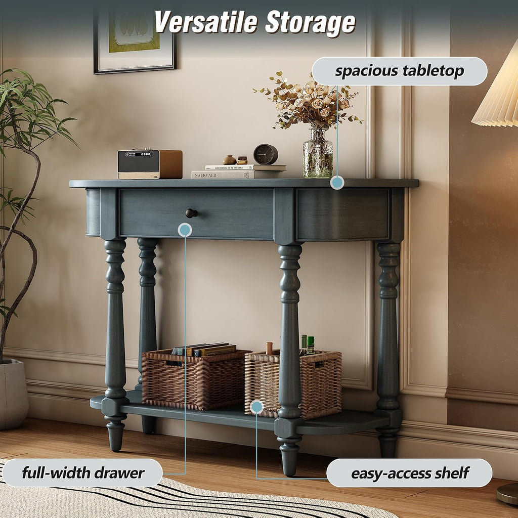 SOFTSEA Farmhouse Curved Console Table with Storage Drawer and Open Shelf, Rustic Curved Entryway Table for Living Room Hallway, 36 inch Conosle Table, Navy