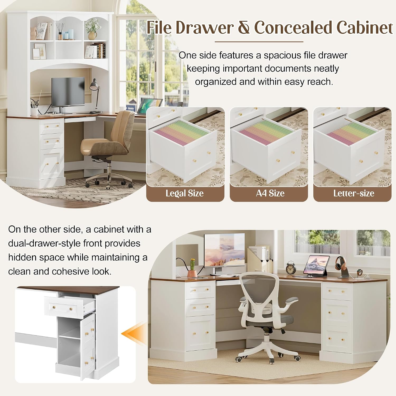 L-Shaped Computer Desk with Keyboard Tray | Charging Stations,Corner Desk with Arched Hutch, All-in-One Home Office Desk for Study, Office