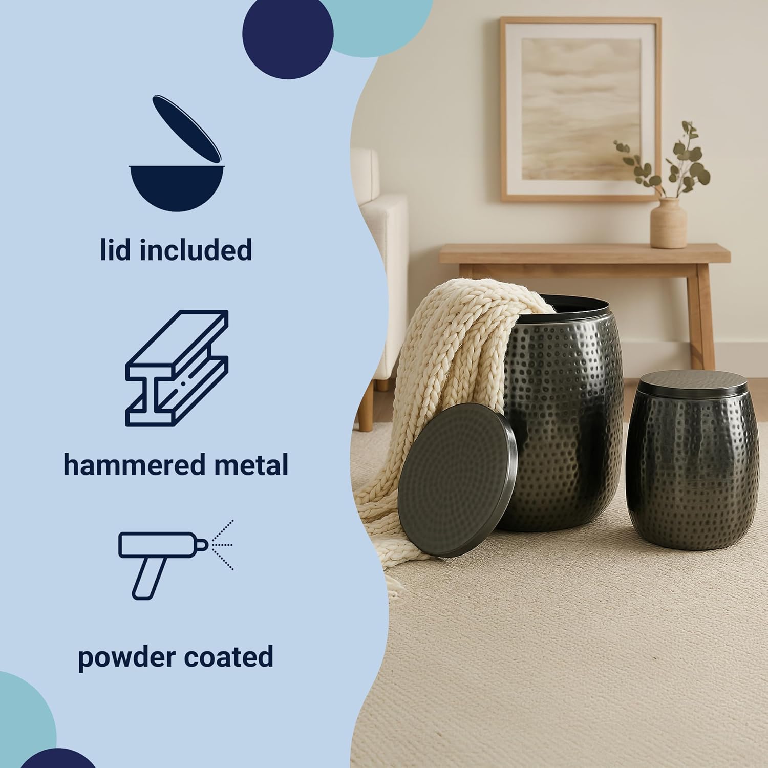 happimess SSL2002B-2SET Merida Modern Rustic 2-Piece Hammered Metal Drum Storage Side Tables with Lids, End Table for Decoration in Living Room, Bedroom, Bathroom, Antique Nickel
