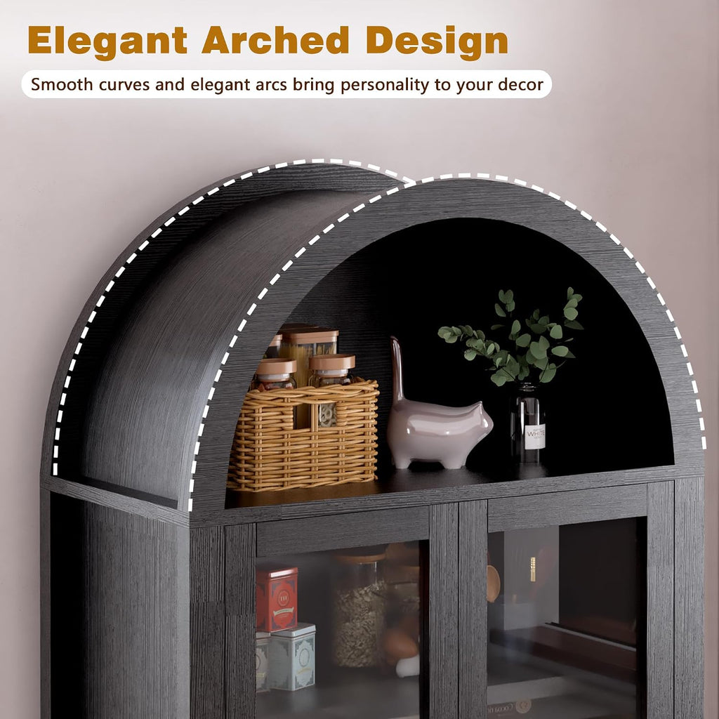 71' Tall Arched Kitchen Pantry Organizers with Drawer,Glass Door,Door Racks, Fluted Hutch Cabinet with Storage & Adjustable Shelves,Cupboard Buffet Cabinet for Living Room, Coffee Bar Corner(Black)