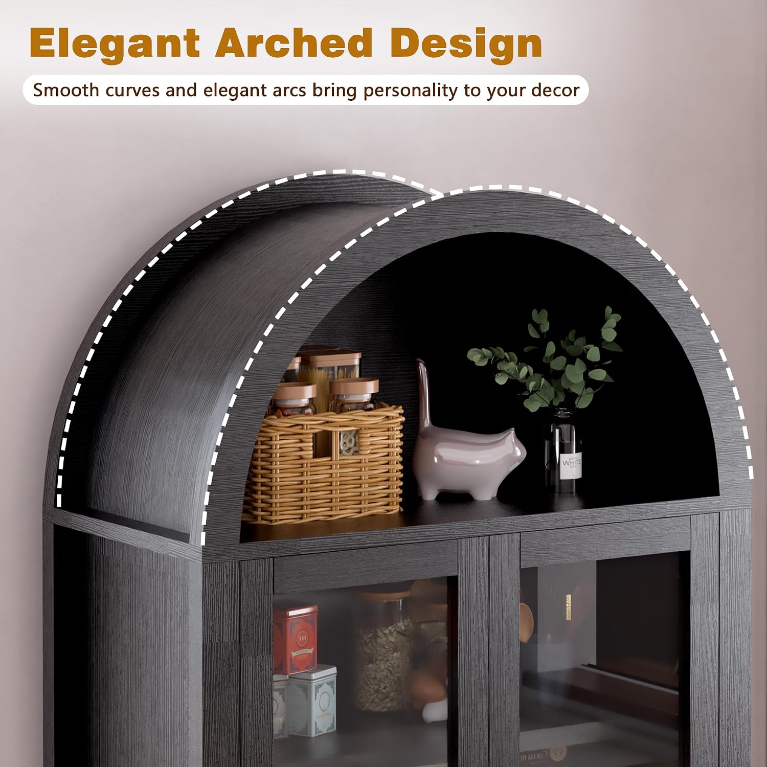 71' Tall Arched Kitchen Pantry Organizers with Drawer,Glass Door,Door Racks, Fluted Hutch Cabinet with Storage & Adjustable Shelves,Cupboard Buffet Cabinet for Living Room, Coffee Bar Corner(Black)