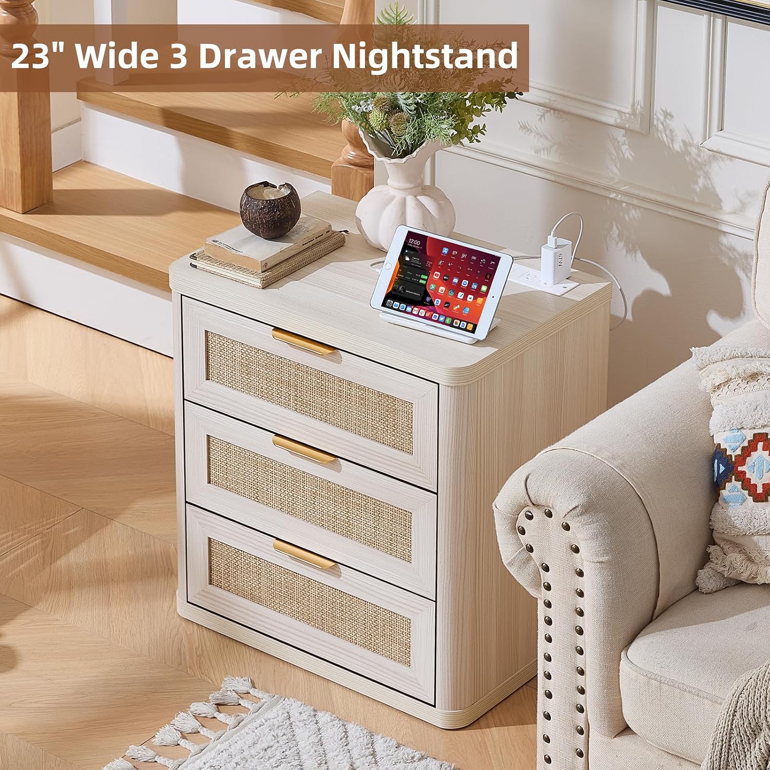 LEYAOYAO Rattan Night Stand Set of 2 with Charger Station, 23' Large 3 Drawer Boho Nightstand, Grey White Bedside Table Storage Cabinet, Bed Side End Tables for Bedroom, Living Room, Hallway