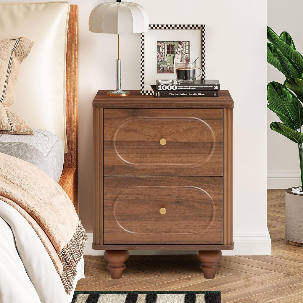 2 Drawer Fluted Nightstand Set of 2, Mid Century Modern Farmhouse Night Stand Small End Table Bedside Table for Bedroom, Living Room, Walnut