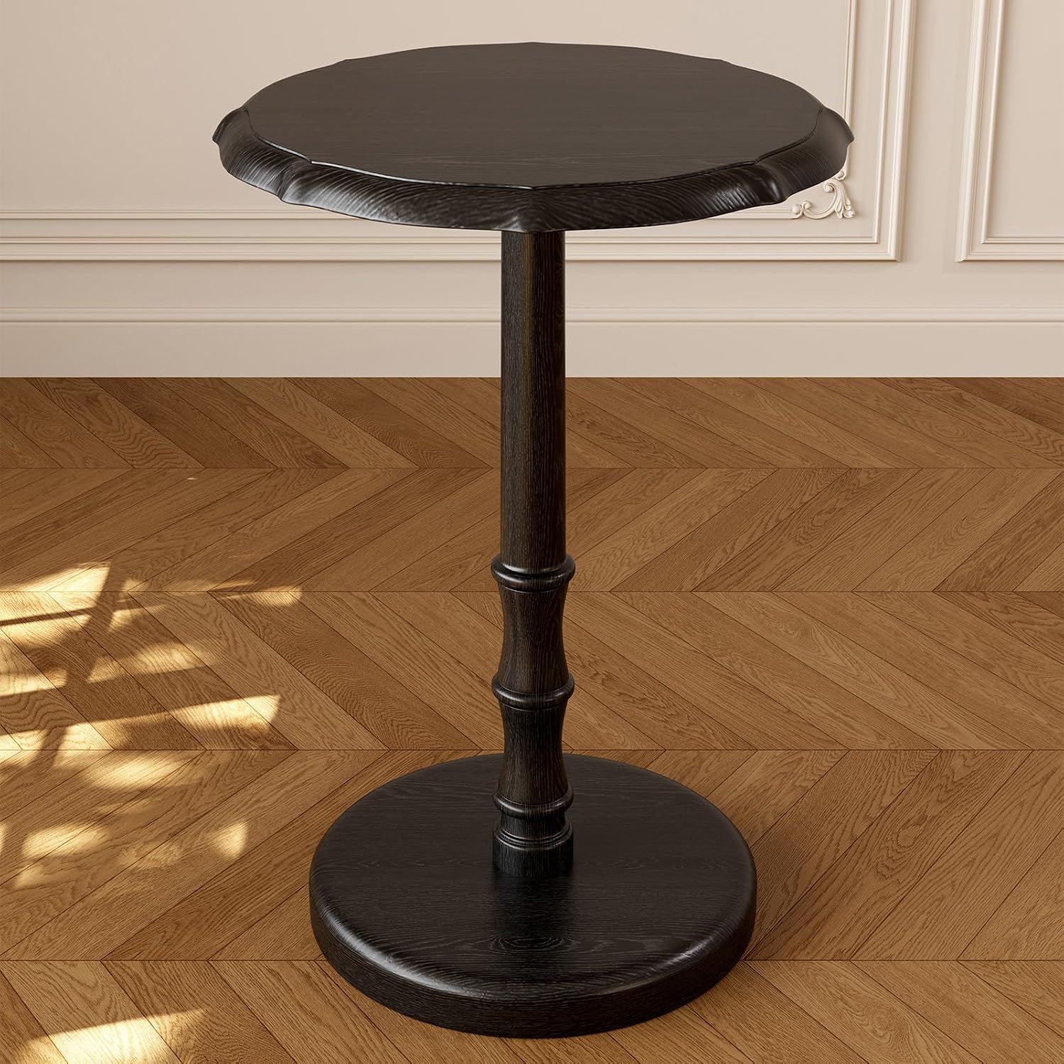 100% Solid Wood Round Pedestal Side Table, Vintage End Table for Living Room Bedroom, Heavy-Duty Antique Accent Table for Corner Spaces, Small Bedside Nightstand, 5-Min Assembly, Black