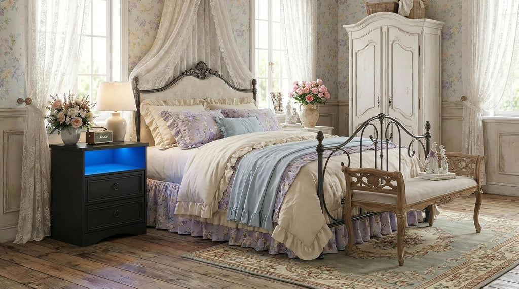Large Nightstand Set of 2 with Drawers,17.7'W Accent Night Stand with Charger Station LED Lights, Bed Side Table with 2 Drawers, End Table with Easy Open Storage for Bedroom, Living Room,Black