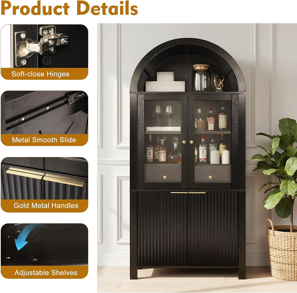 71' Tall Arched Kitchen Pantry Organizers with Drawer,Glass Door,Door Racks, Fluted Hutch Cabinet with Storage & Adjustable Shelves,Cupboard Buffet Cabinet for Living Room, Coffee Bar Corner(Black)