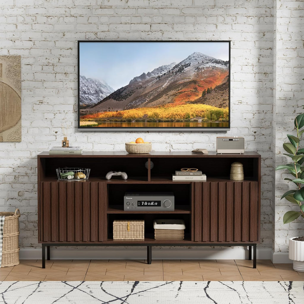 UEV Mid Century Modern 3-Piece Living Room Set, Includes Fluted Panels TV Stand with Storage for Up to 65 inch TV, 2 Drawer Open Shelf End Tables