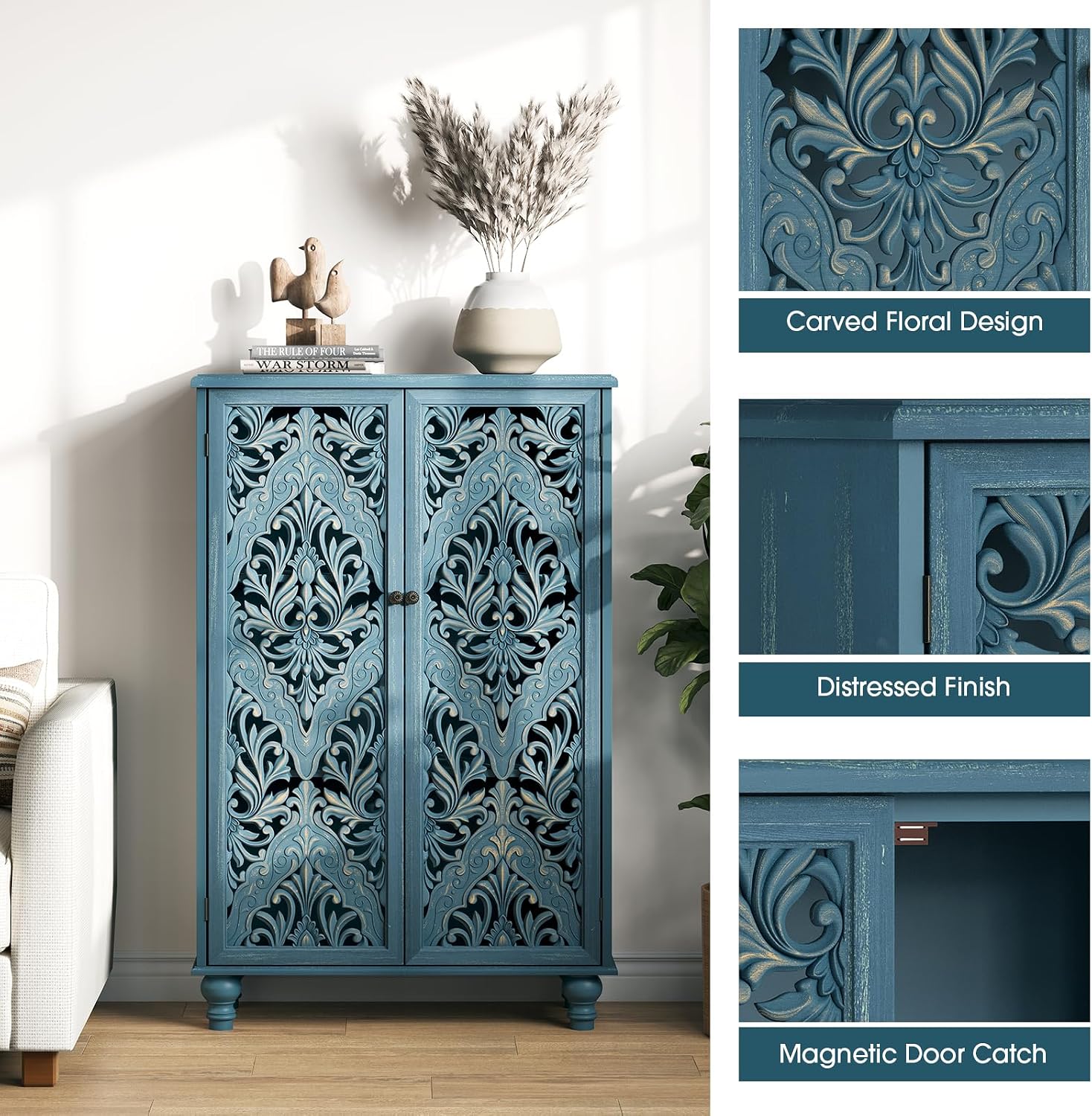 JOINICE 47' Tall Accent Cabinet with Navy Blue Mandala Carved Doors, Solid Wood Legs Storage Cabinet with 100 lbs Capacity, Boho Farmhouse Sideboard Buffet for Entryway, Living Room & Coffee Bar