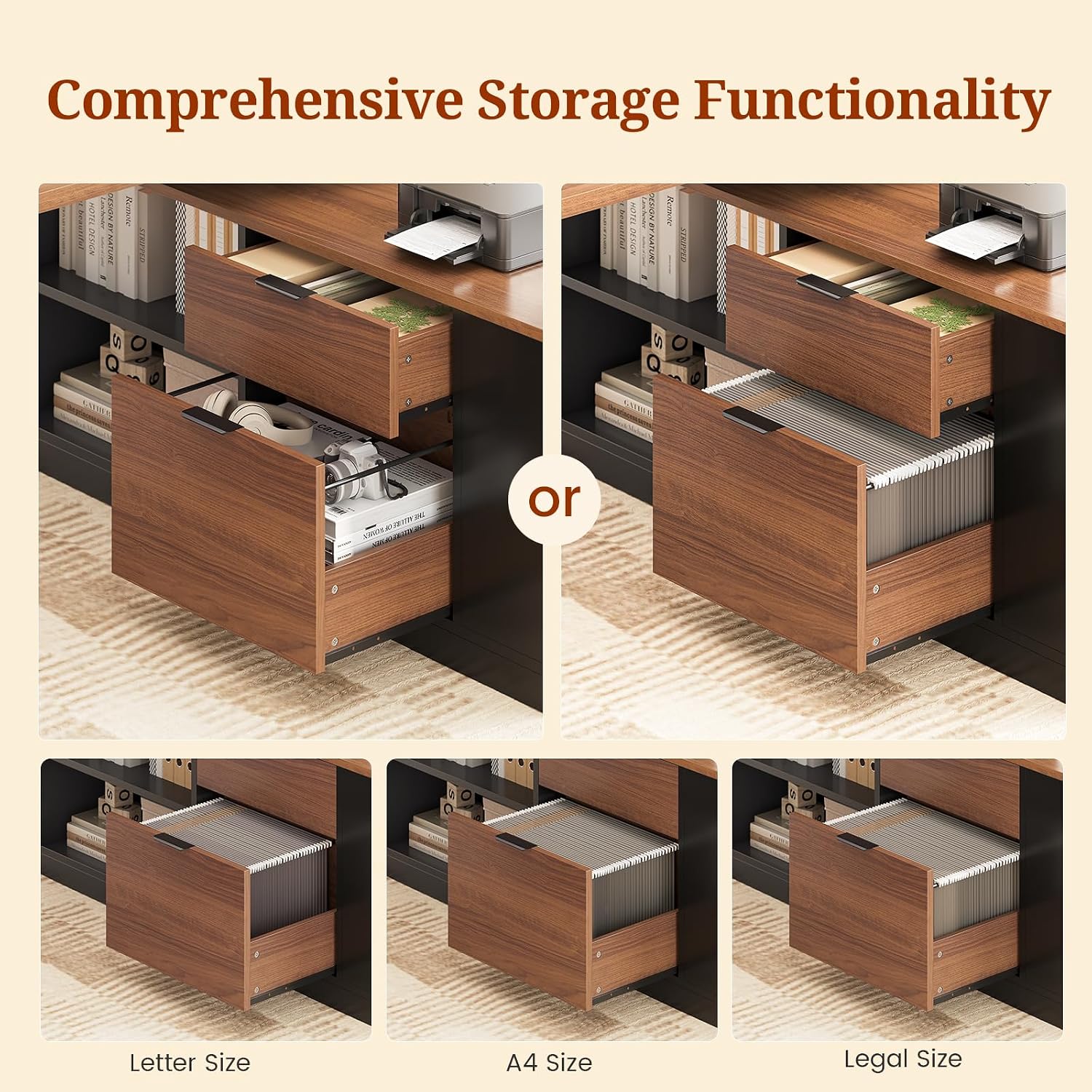 UPOSOJA L Shaped Standing Desk Adjustable Height, 53' Electric Office Desk with File Drawers & Storage Shelves, Sit Stand Corner Computer Desk with Power Outlets, Pegboard, 6 Hooks, Black & Walnut