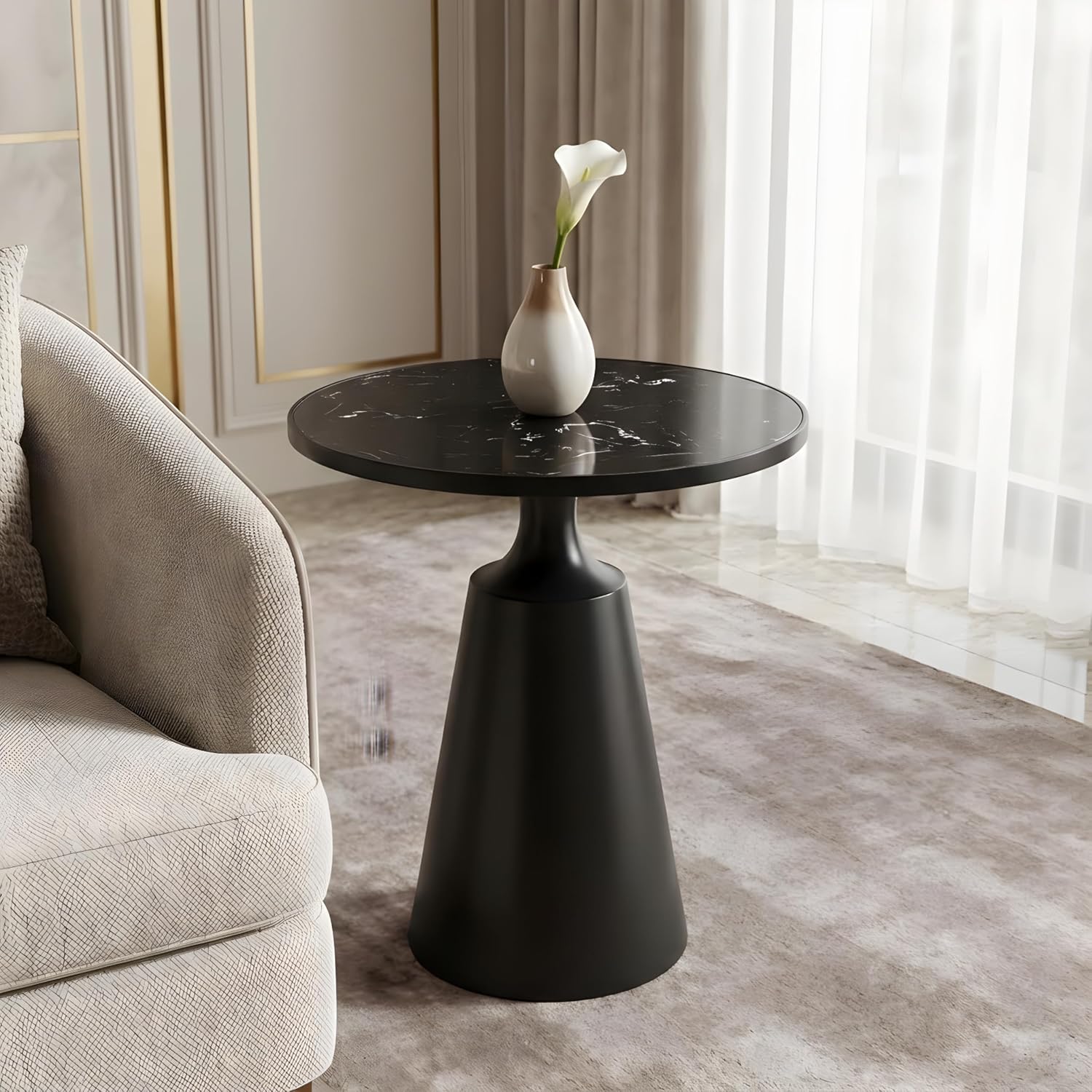 Merax Modern Iron Side Table with Marble Pattern Top (20' Diameter) – 24.25' H Accent Table with Conical Base – Minimalist Round End Table for Living Room & Bedroom & Office, Assembly-Free, Black