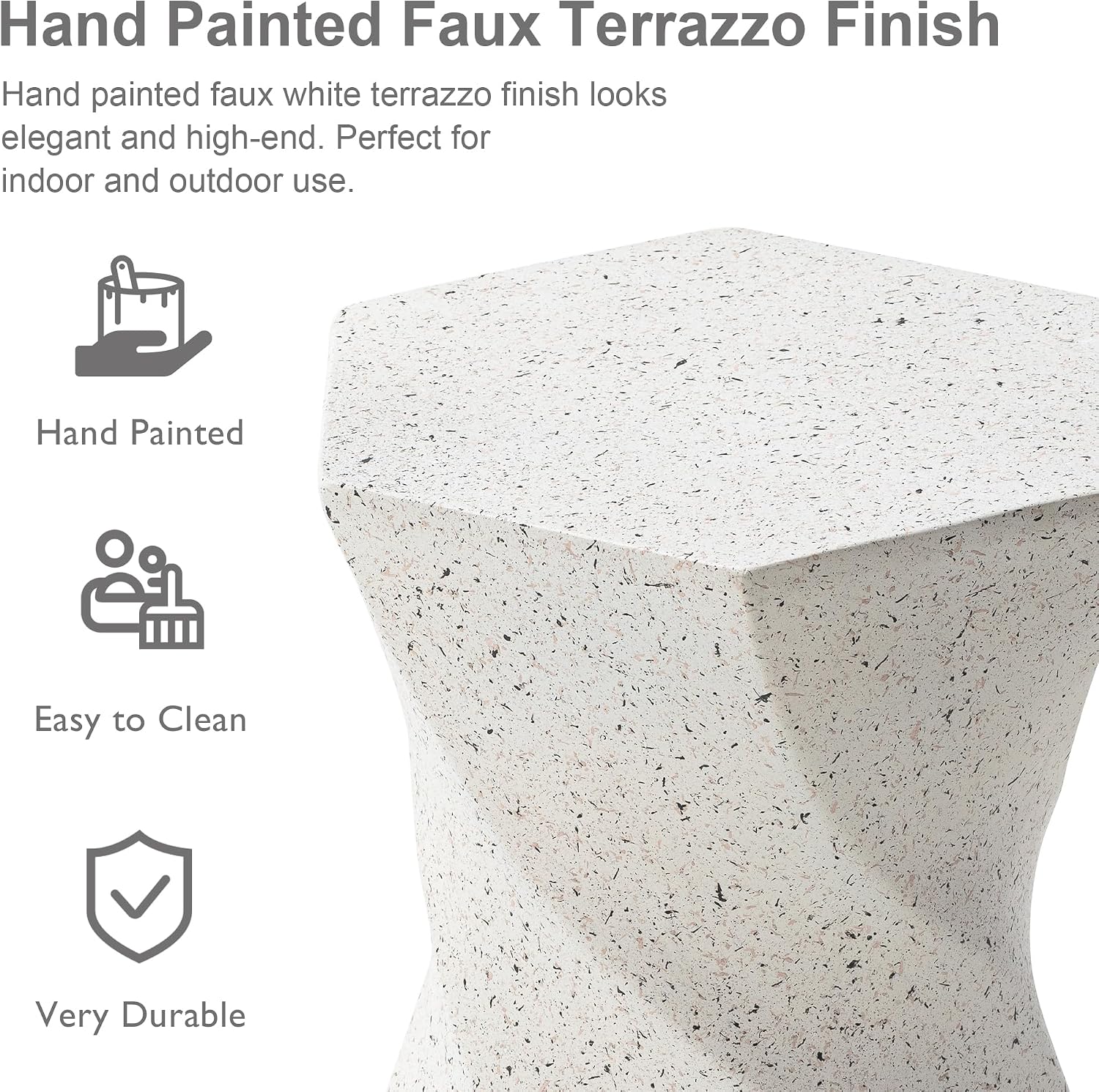 Glitzhome Outdoor Side Table Set of 2, 17.75' H Decorative Garden Stool MGO Twist Faux Terrazzo End Table, Round Planter Stand for Indoor Outdoor Living Room Bedroom Patio Deck Poolside, White