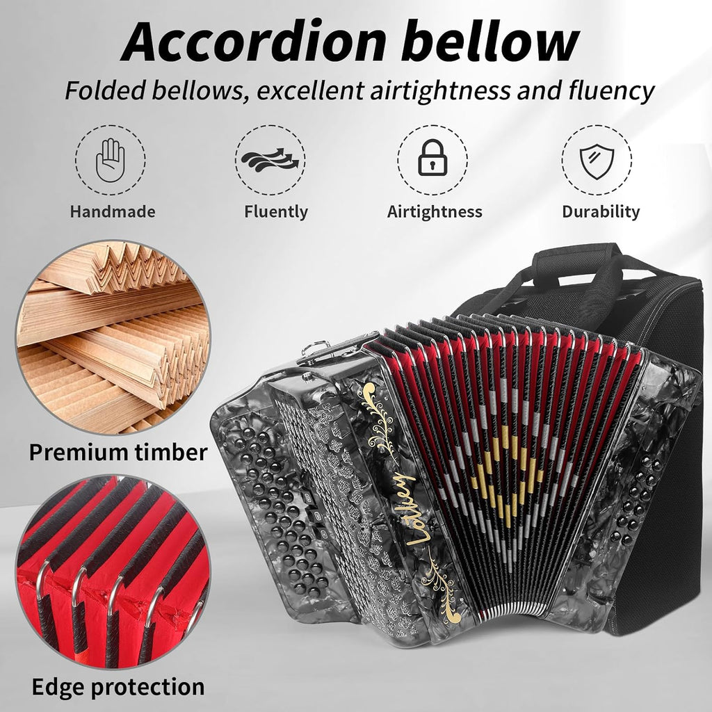Lotkey 34 Key Diatonic Accordion, 3412 Multi Tone Celluloid Accordions Louder Clearer Timbre than Plastic for Adult, Beginner, Professional with Updated Bag, Straps, Acordeón Wrist Guard (GCF Grey)