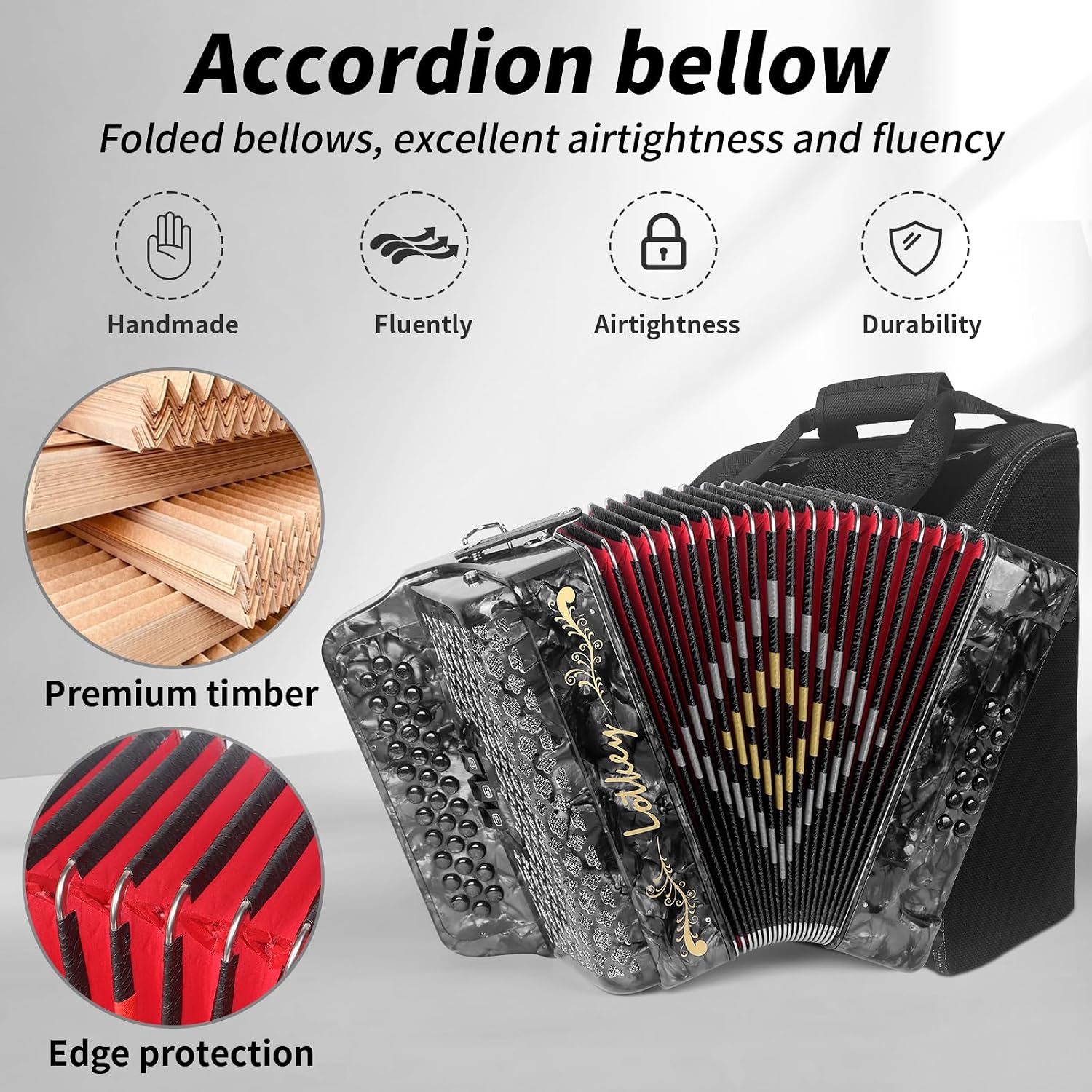 Lotkey 34 Key Diatonic Accordion, 3412 Multi Tone Celluloid Accordions Louder Clearer Timbre than Plastic for Adult, Beginner, Professional with Updated Bag, Straps, Acordeón Wrist Guard (FBE Grey)