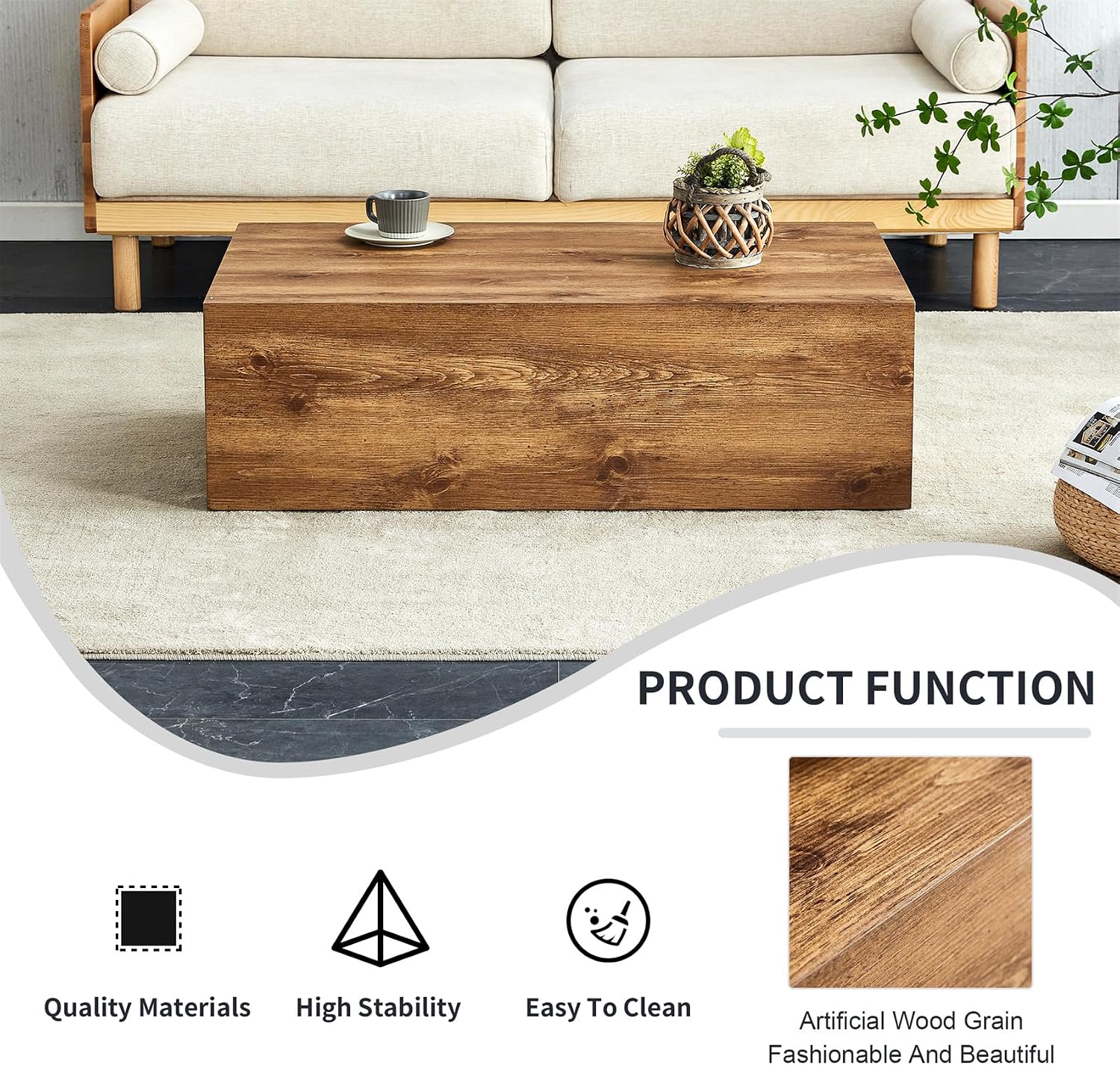 Rustic Brown Coffee Table for Living Room Rectangular Center Tables Modern Elegant Wooden Cocktail Table for Home Office -Fully Assembled