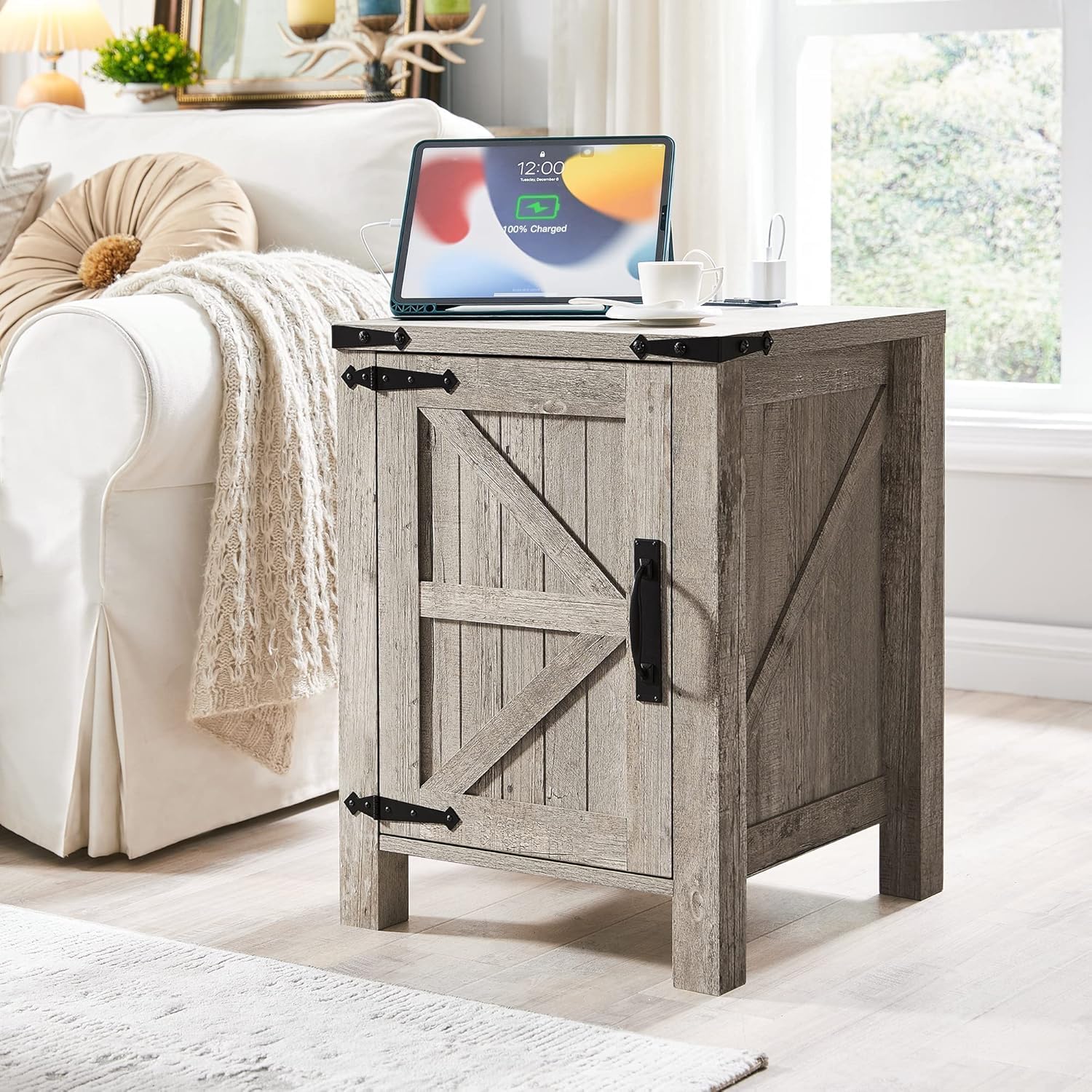 OKD Farmhouse Nightstand Set of 2 with Charging Station, 18 Inch Rustic End Table with Barn Door Cabinet, Adjustable Storage Shelf, Wood Sofa Side Table for Living Room, Bedroom, Light Rustic Oak