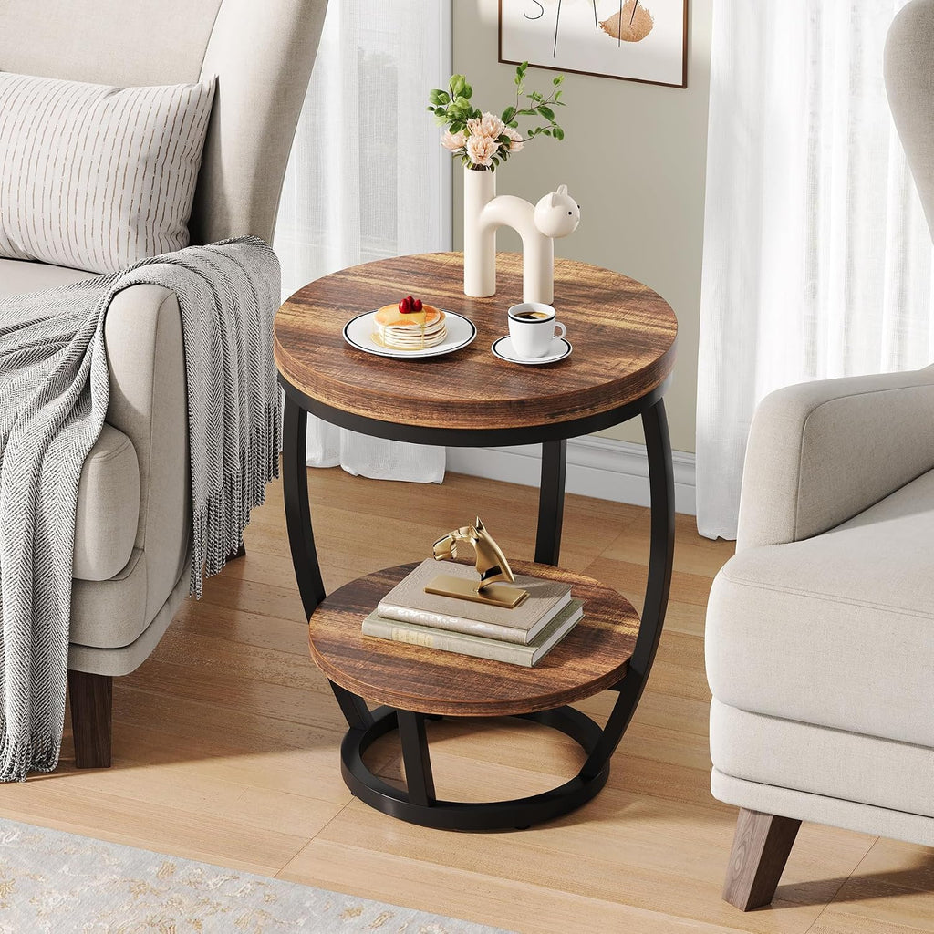 Round End Table Set of 2, 2 Tier Industrial Side Table, Nightstand with Metal Frame, Accent Bedside Table with Storage Shelves for Living Room, Bedroom, Small Spaces, Rustic Brown & Black