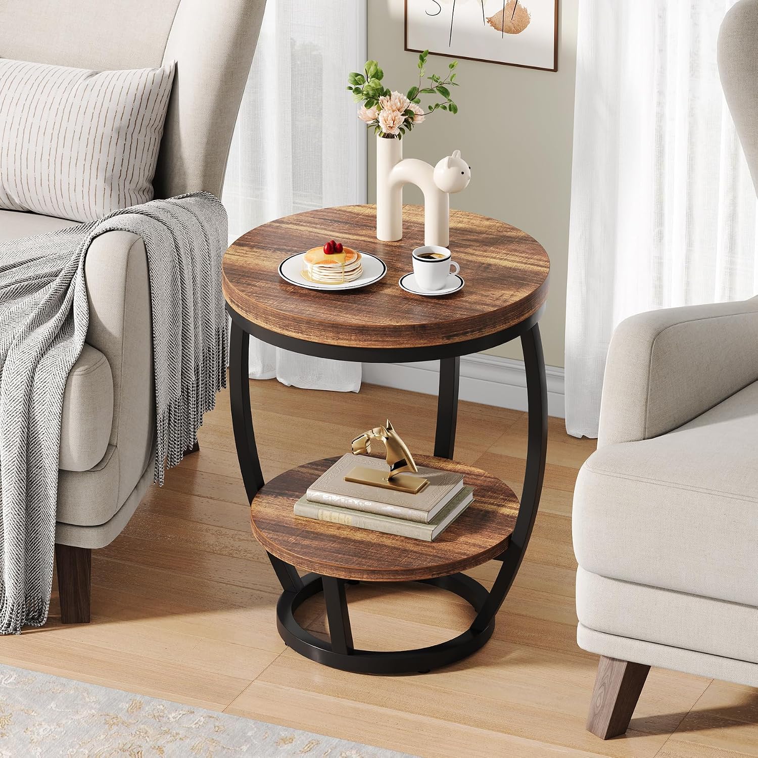Round End Table Set of 2, 2 Tier Industrial Side Table, Nightstand with Metal Frame, Accent Bedside Table with Storage Shelves for Living Room, Bedroom, Small Spaces, Rustic Brown & Black