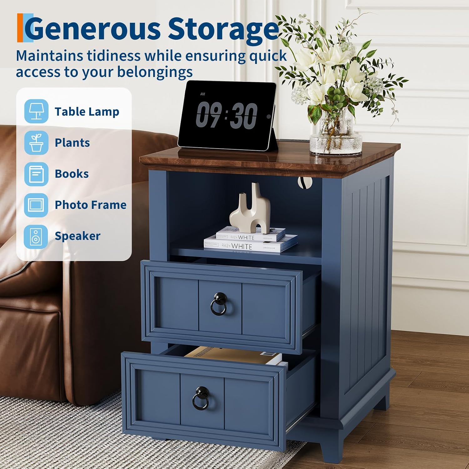 IDEALHOUSE 18in Nightstand Set of 2 with Charging Station, Farmhouse Bed Side Table Wood End Table with 2 Drawers and Open Shelf for Bedroom Living Room, Blue