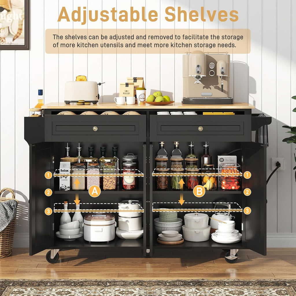 Hlivelood 55' Movable Kitchen Island with Drop Leaf and Power Outlet, Rolling Cart with Storage Cabinet, Island Table on Wheels for Kitchen with 2 Drawers, Spice Rack, Towel Bar, Garage Hook, Black