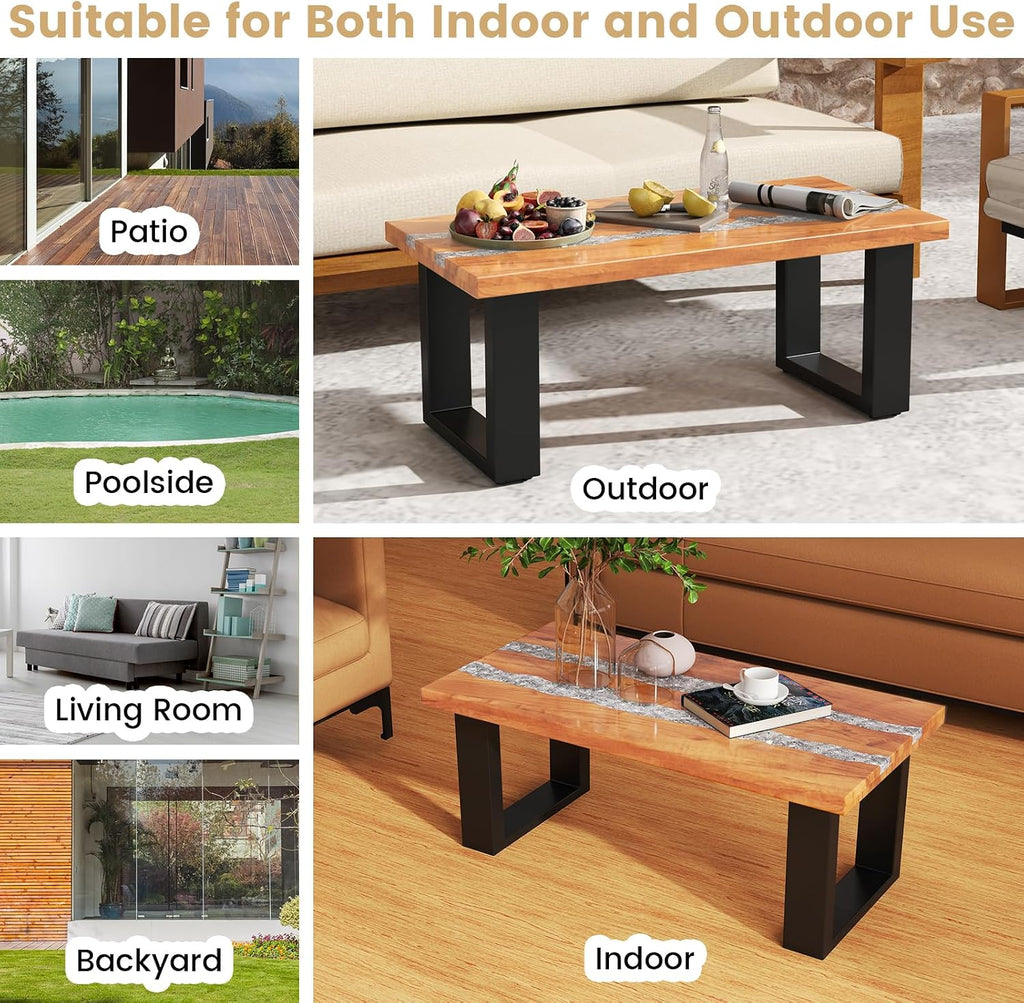 Giantex Teak Outdoor Coffee Table, Rectangular Resin Side Table with River Feel Epoxy Tabletop, Indoor Outdoor Solid Wood Center Table, Patio Table for Living Room, Poolside, Backyard